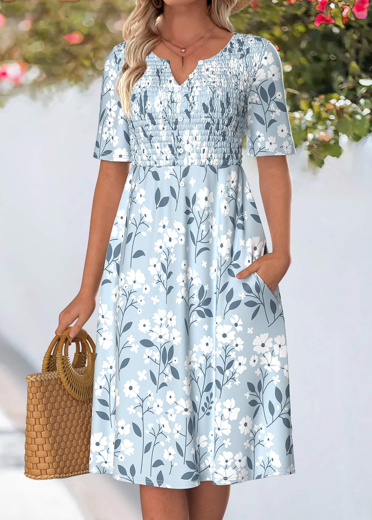 Blue Floral Print Smocked Short Sleeve Split Neck Dress | picture 