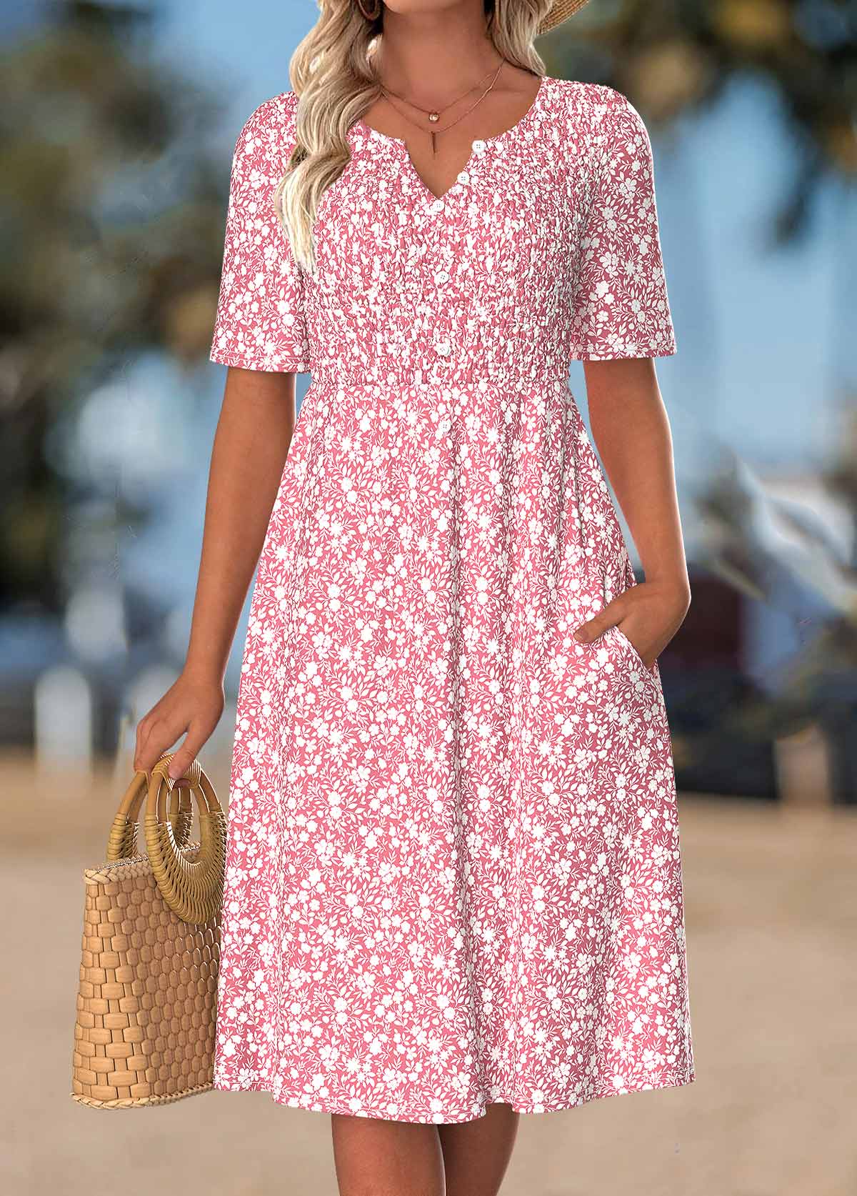 Pink Floral Print Smocked Short Sleeve Split Neck Dress | picture 
