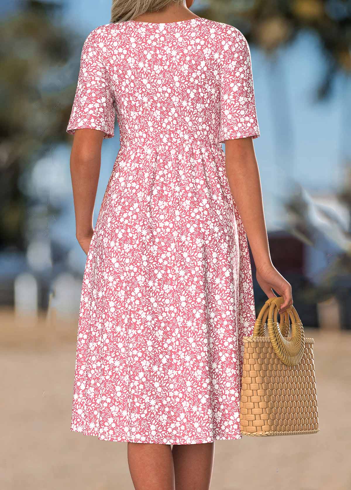 Pink Floral Print Smocked Short Sleeve Split Neck Dress | picture 