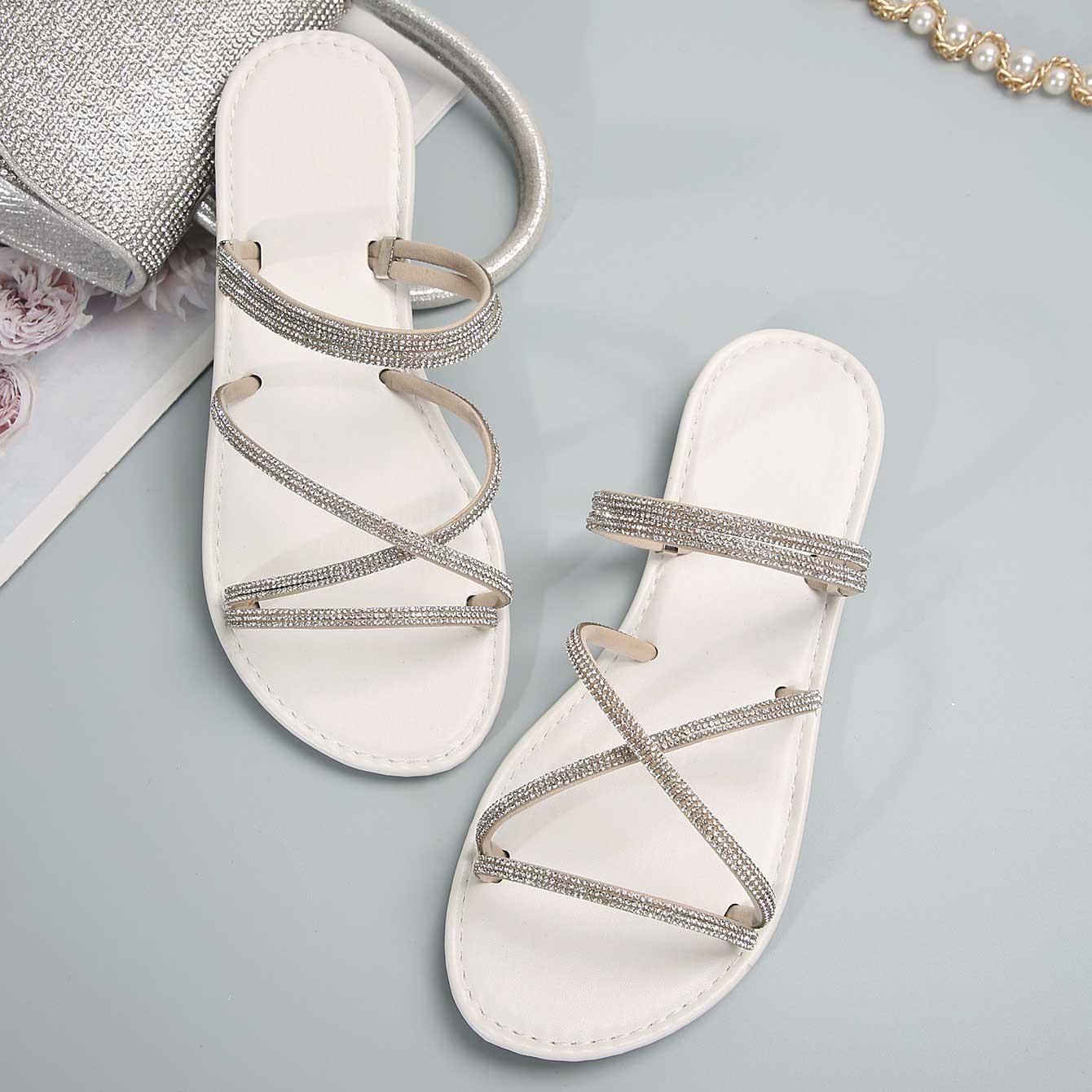 Silvery White Round Toe Falt Sandals | picture 