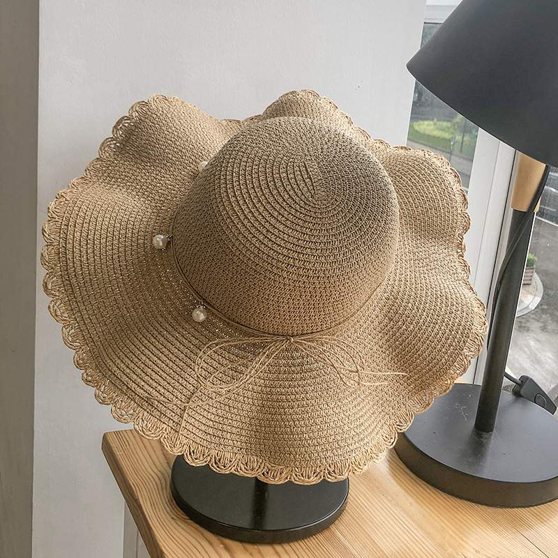 Light Camel Pearl Visor Straw Hat | picture 