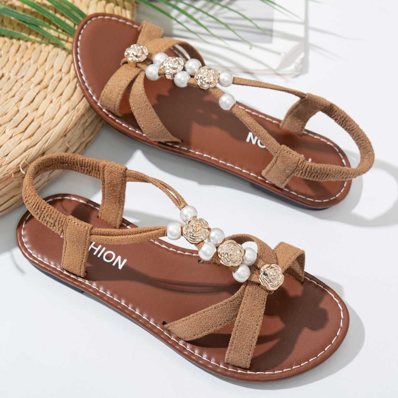 Light Coffee Peep Toe Falt Sandals | picture 