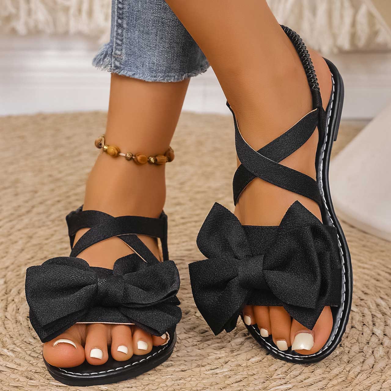 Black Bowknot Round Toe Falt Sandals | picture 