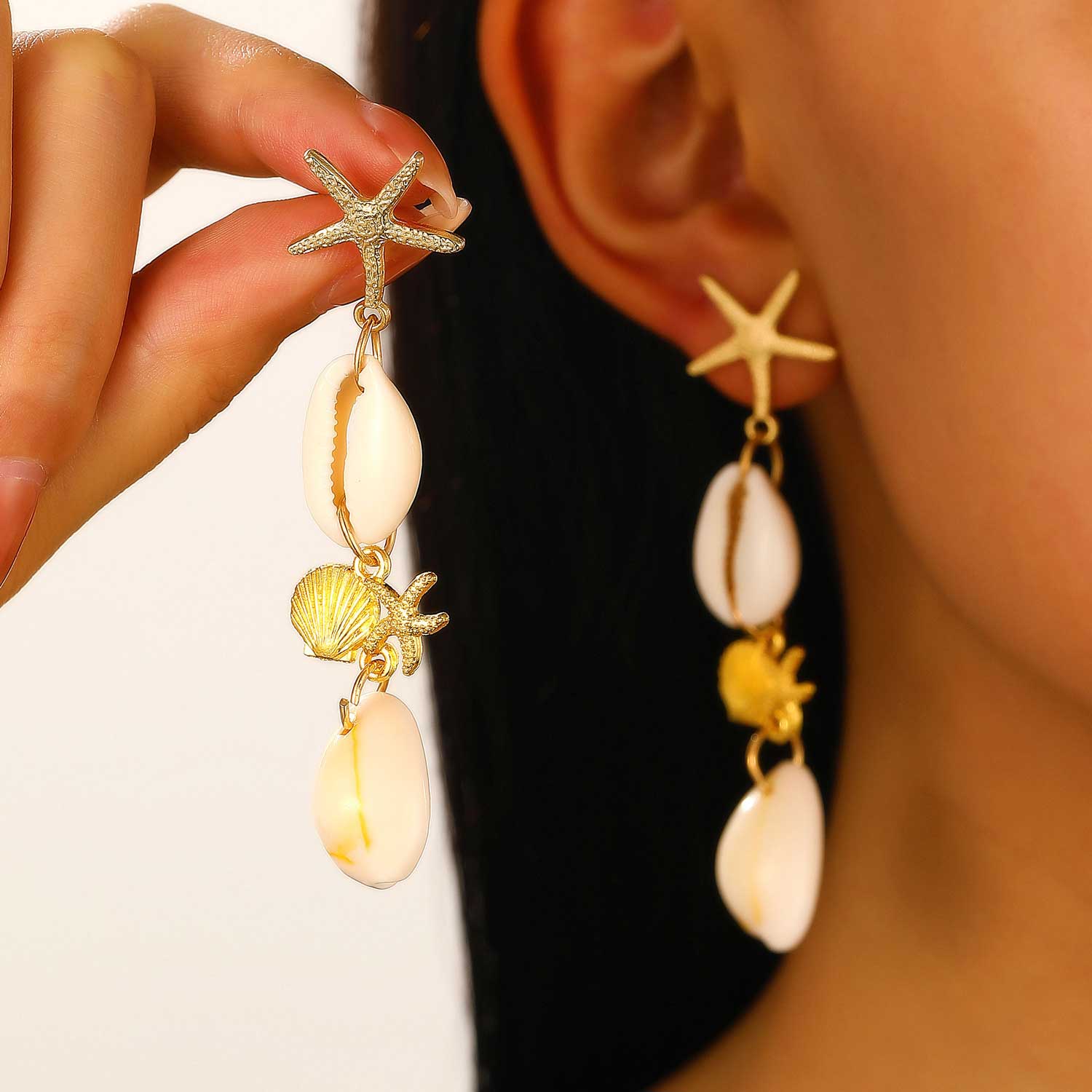 Golden Color Shell Alloy Detail Earrings | picture 