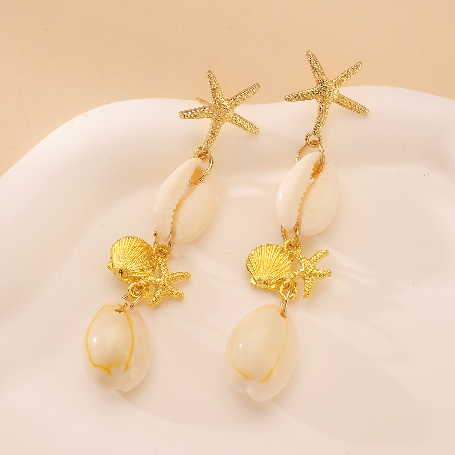 Golden Color Shell Alloy Detail Earrings | picture 