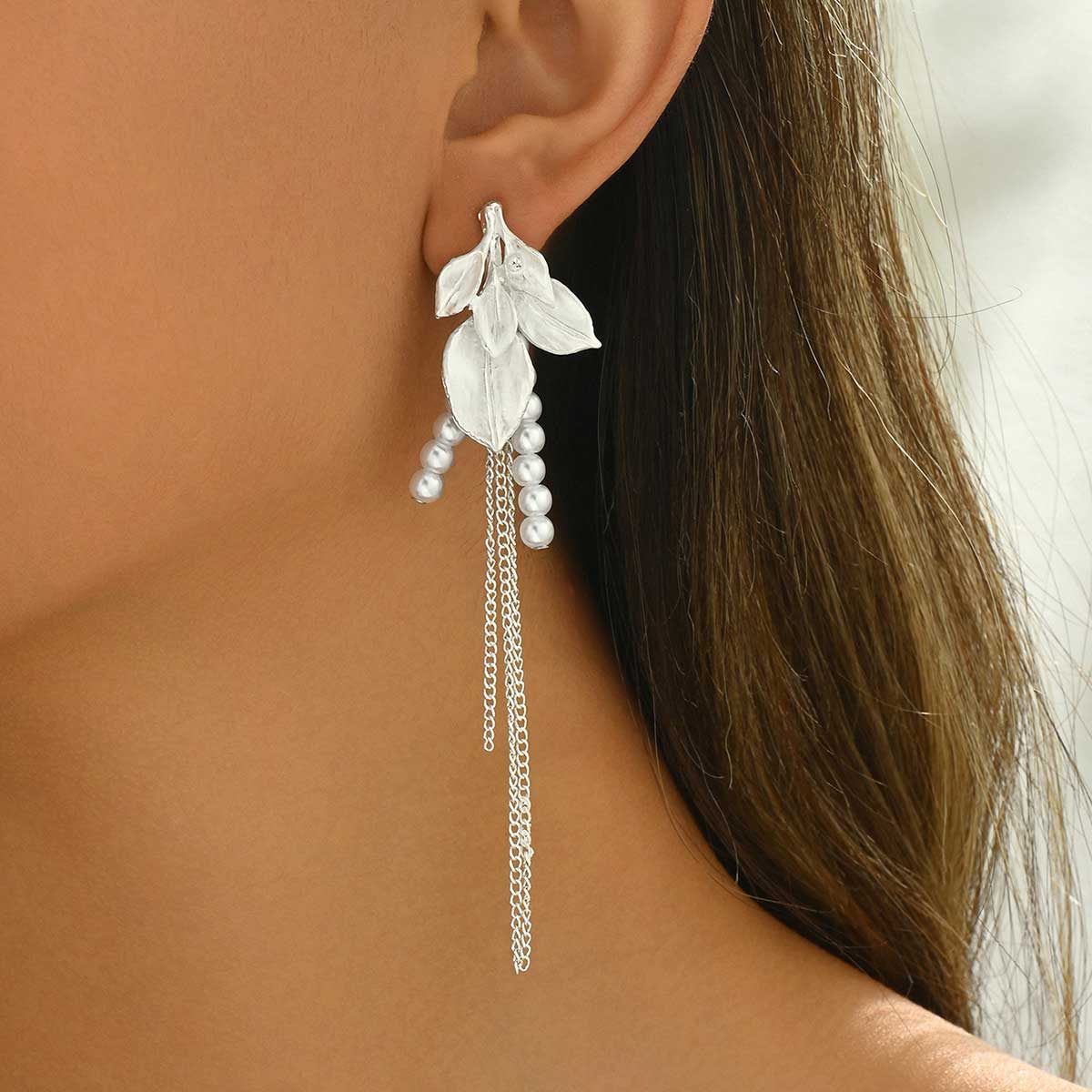 White Color Leaf Alloy Detail Earrings | picture 
