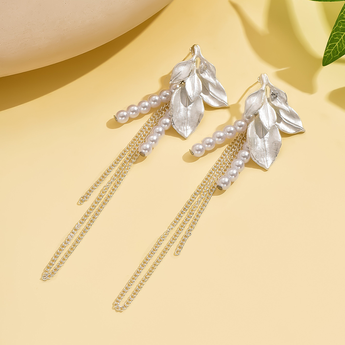 White Color Leaf Alloy Detail Earrings | picture 