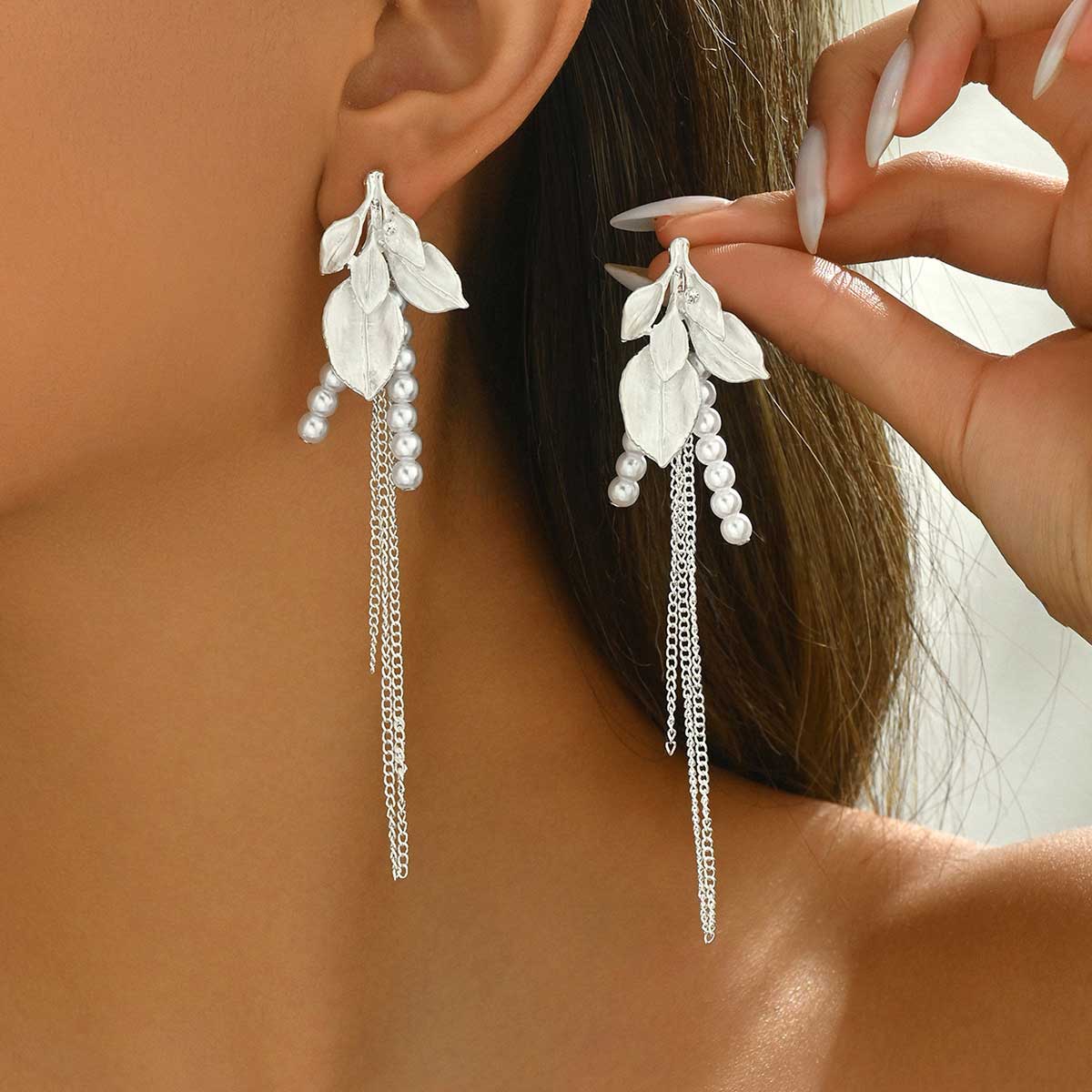 White Color Leaf Alloy Detail Earrings | picture 