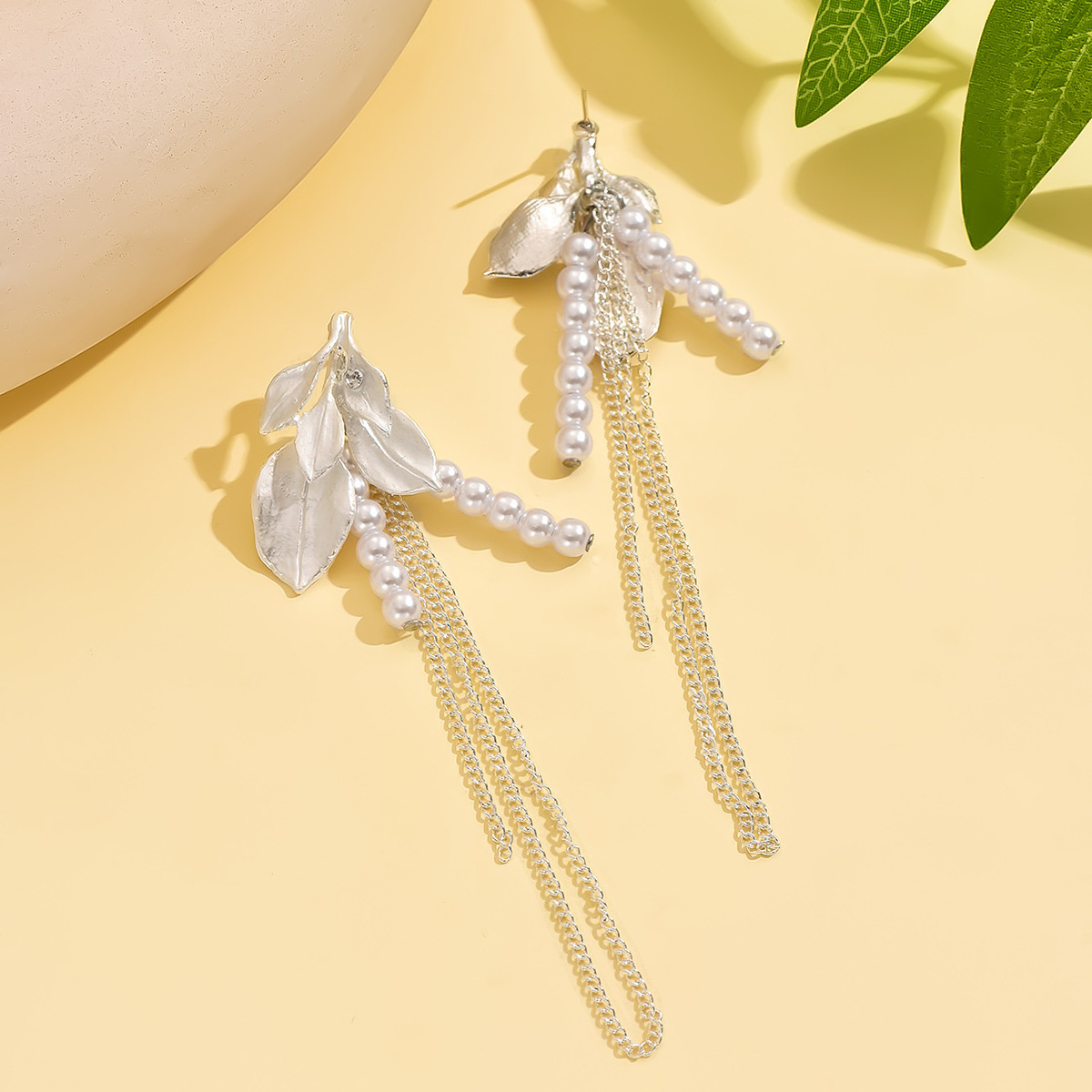 White Color Leaf Alloy Detail Earrings | picture 