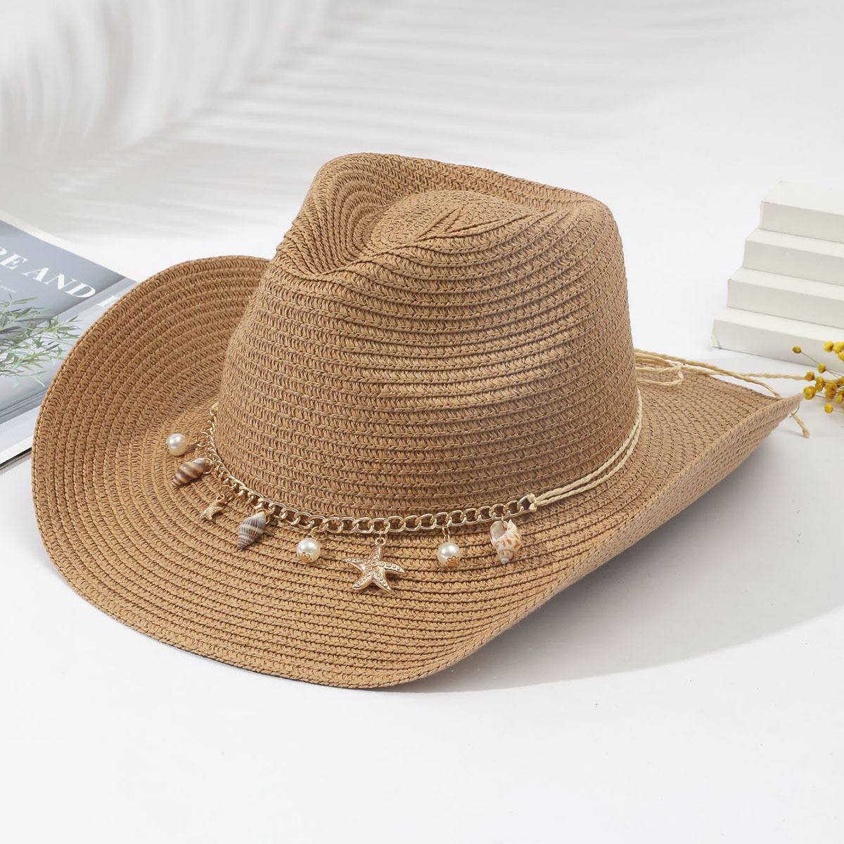 Dark Camel Shell Detail Wide-brimmed Hat | picture 