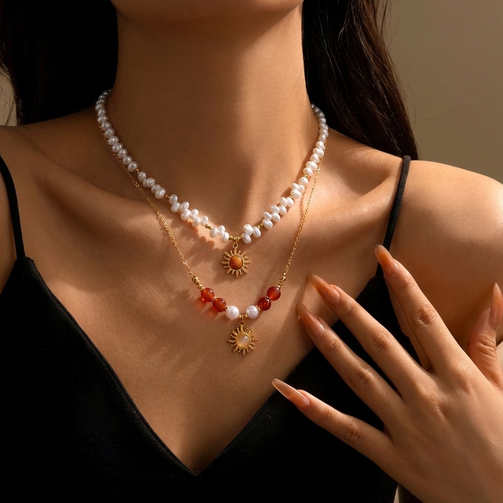 Double-layered Gold Color and Pearl Necklace | picture 