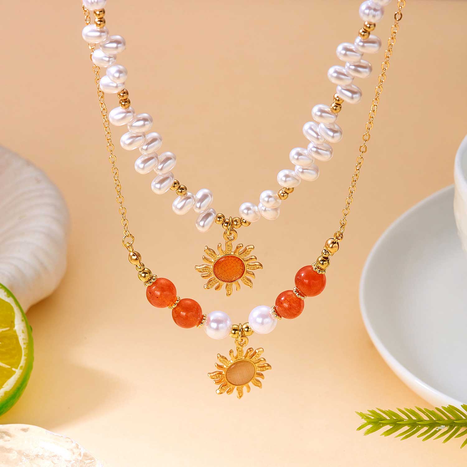 Double-layered Gold Color and Pearl Necklace | picture 