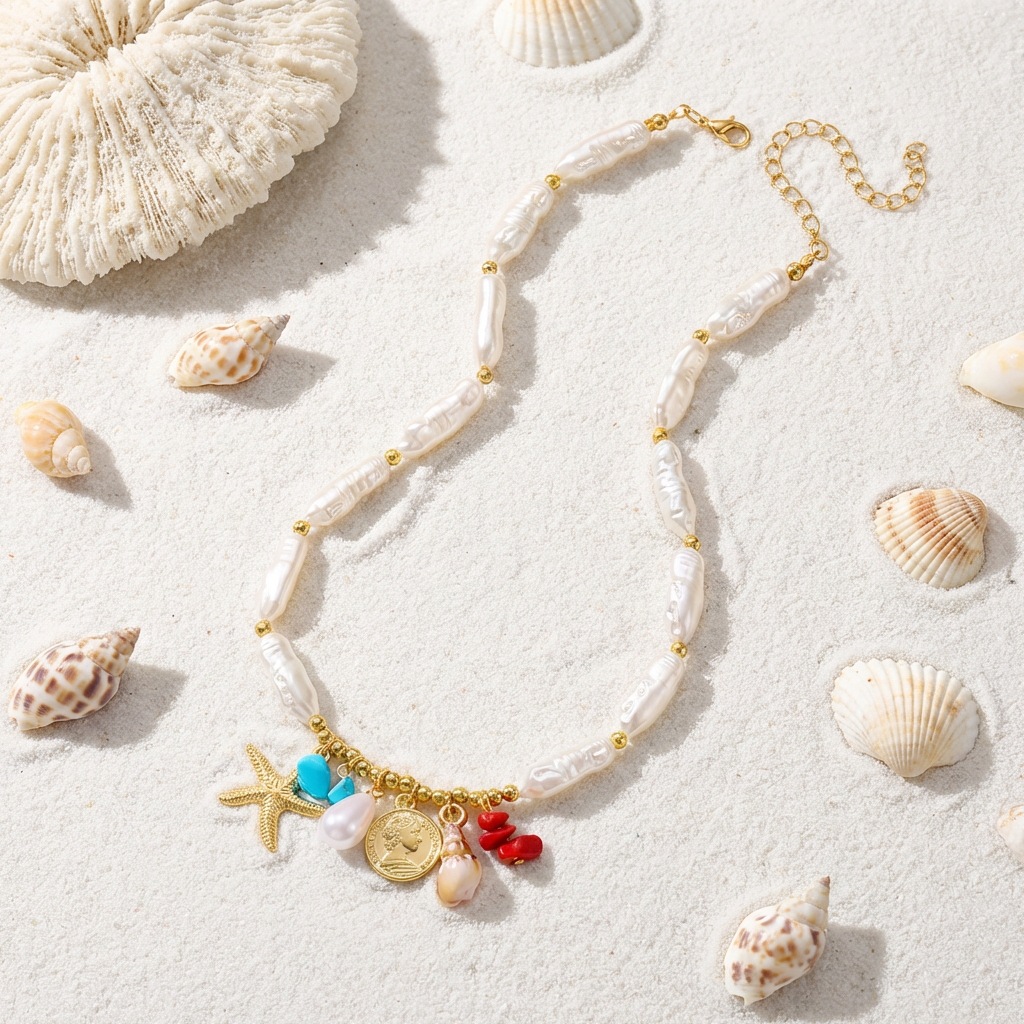 Golden Color Shell Pearl Detail Necklace | picture 