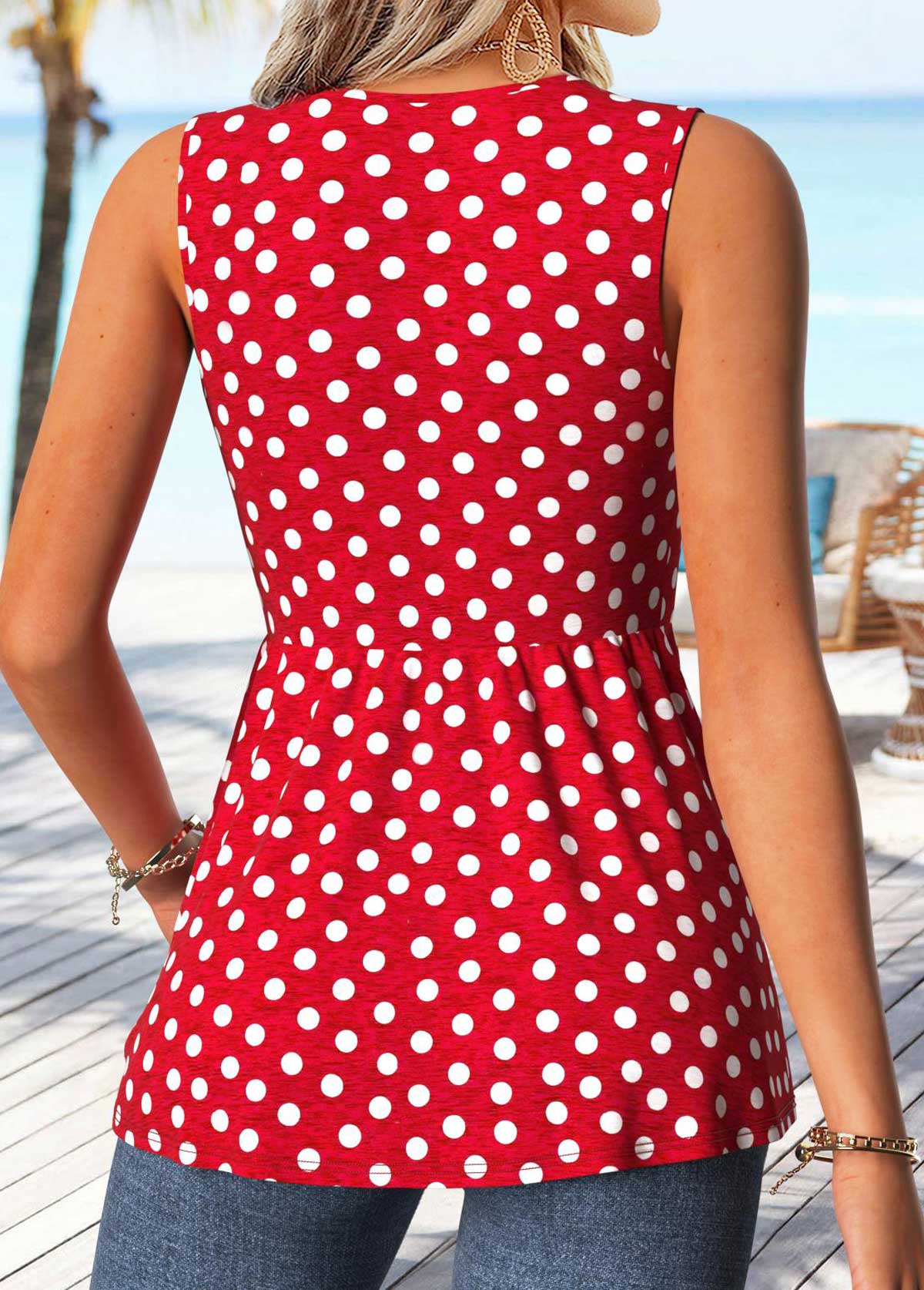 Red Polka Dot Twist Sleeveless V Neck Tank Top | picture 