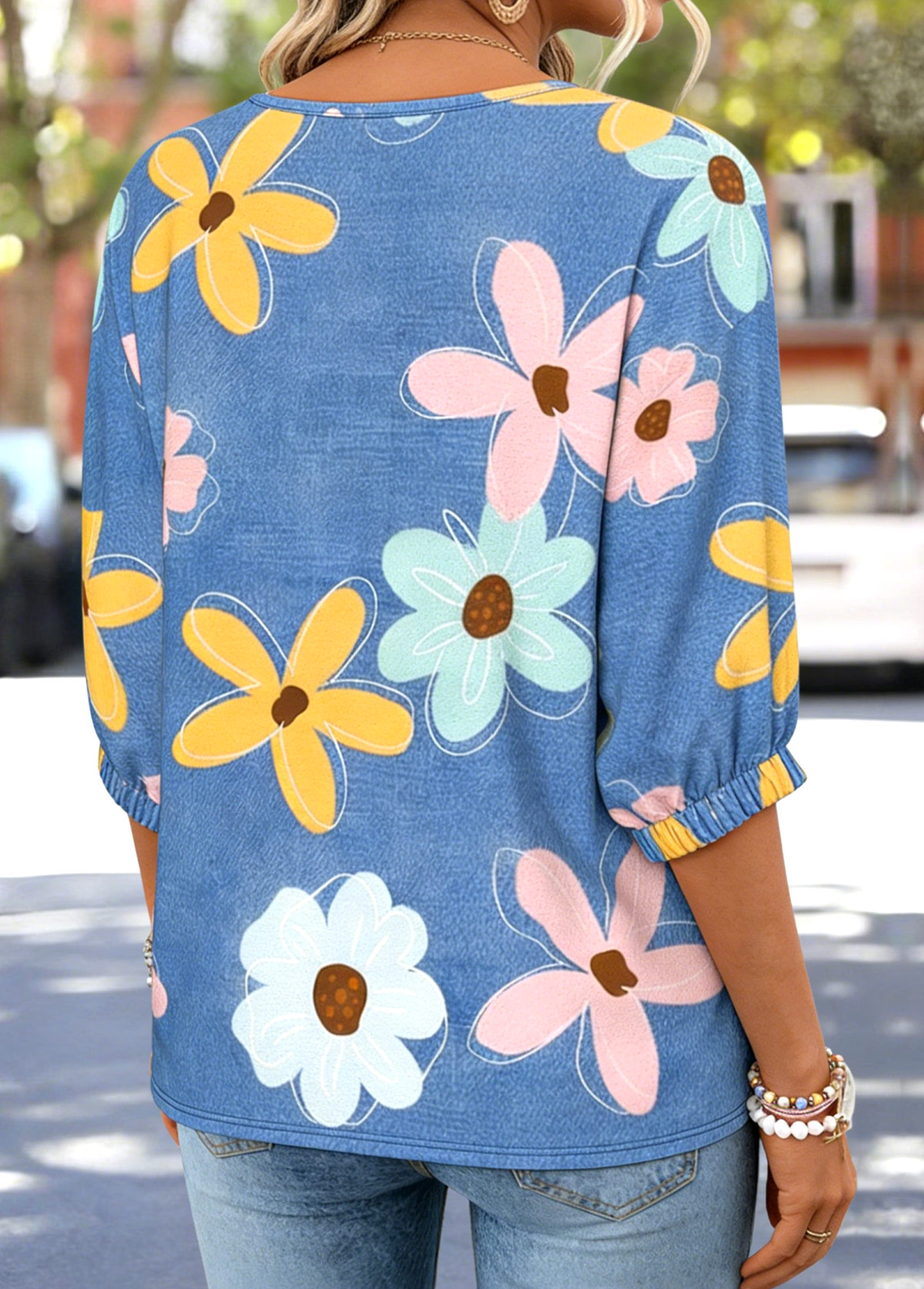 Denim Blue Floral Print Tummy Coverage 3/4 Sleeve Blouse | picture 