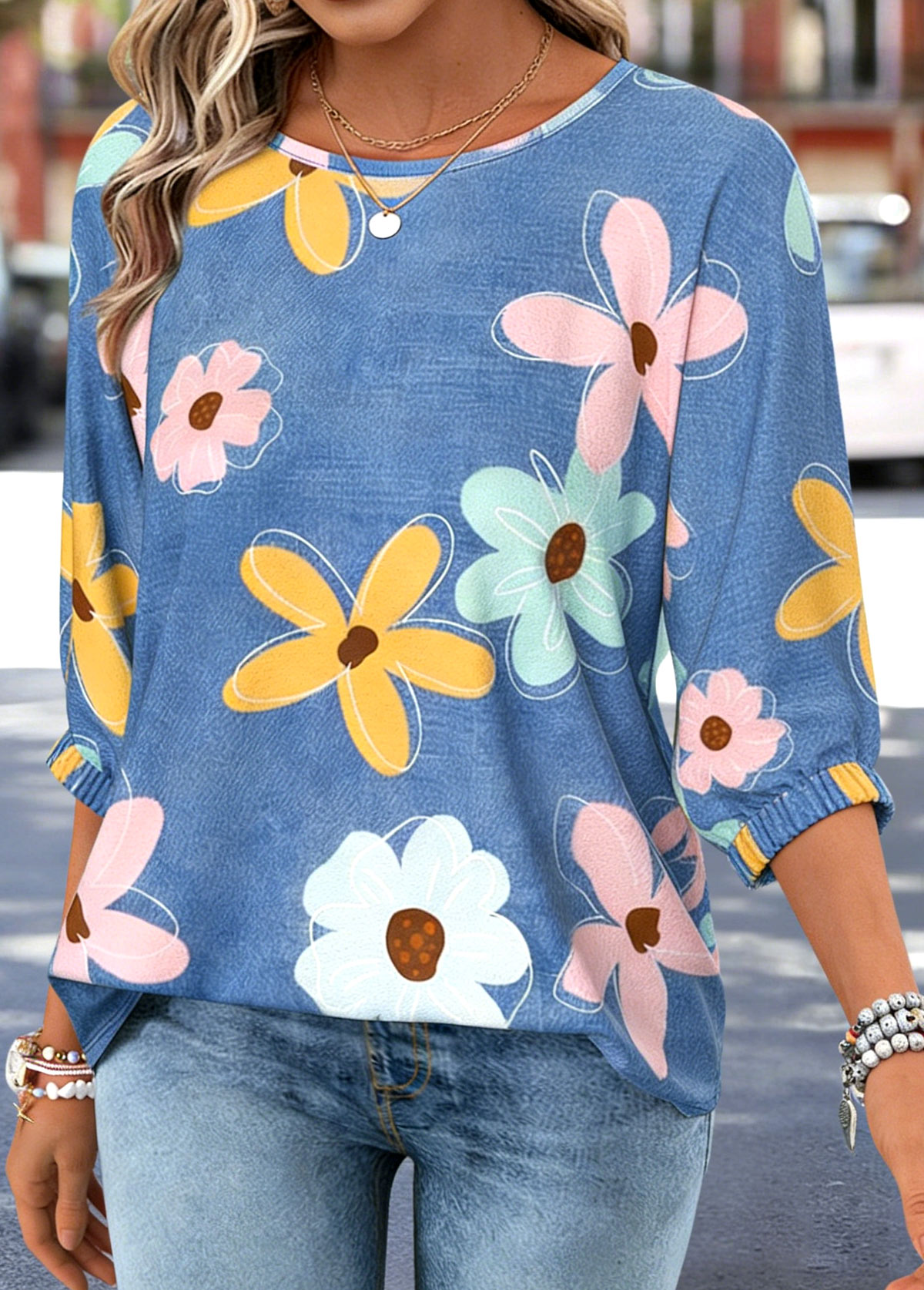 Denim Blue Floral Print Tummy Coverage 3/4 Sleeve Blouse | picture 