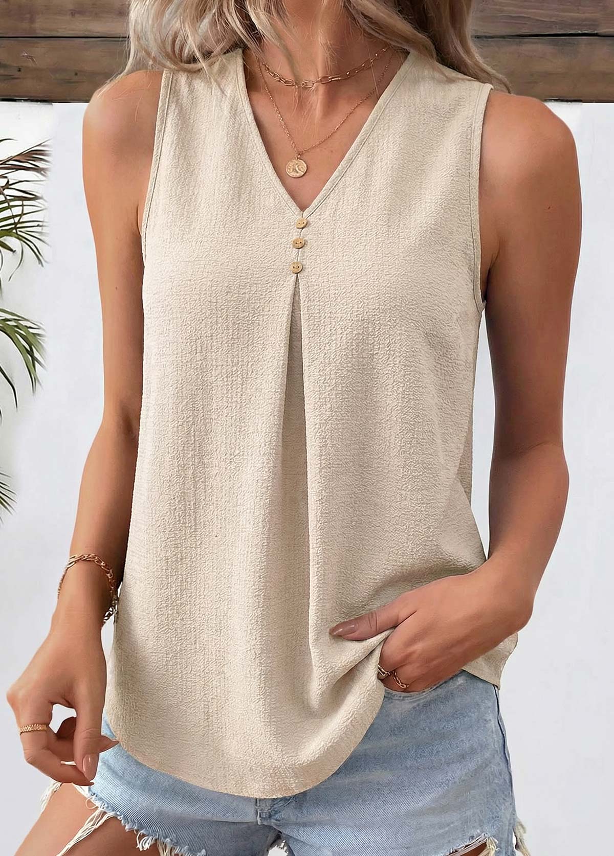 Light Coffee Pleated Sleeveless V Neck Tank Top | picture 