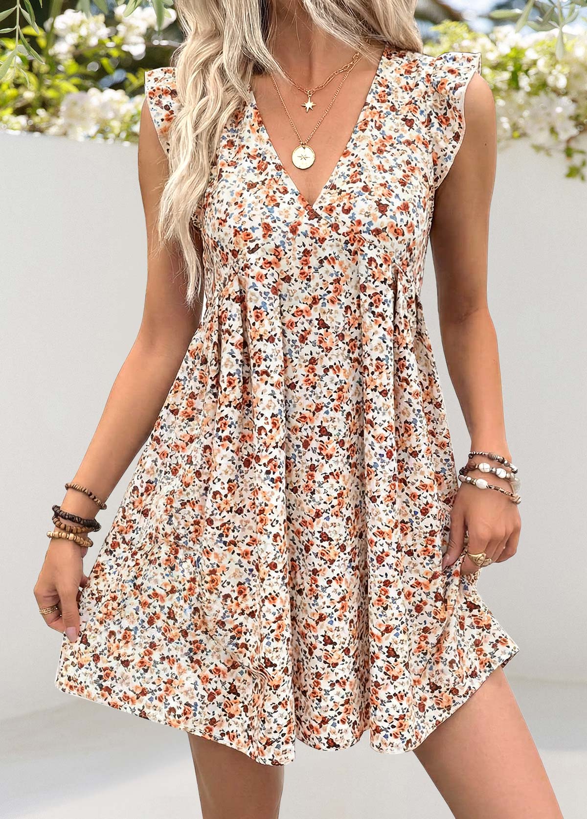 White Ditsy Floral Print Short Pleated A Line Dress | picture 