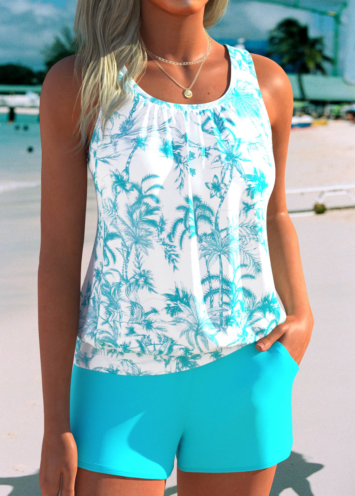 Cyan Mid Waisted Blouson Tropical Plants Print Tankini Set | picture 
