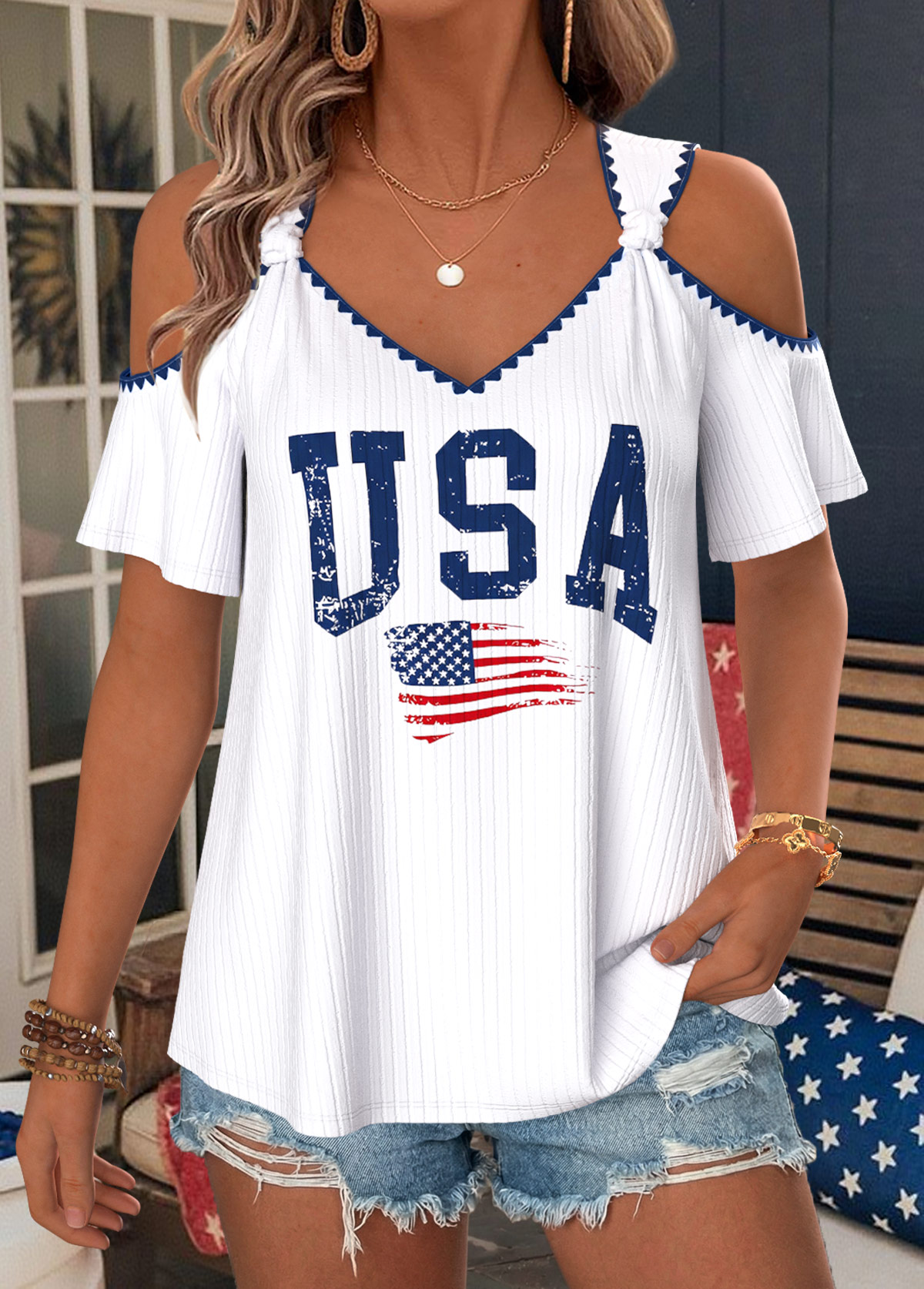 American Flag White Twist Short Sleeve T Shirt | picture 