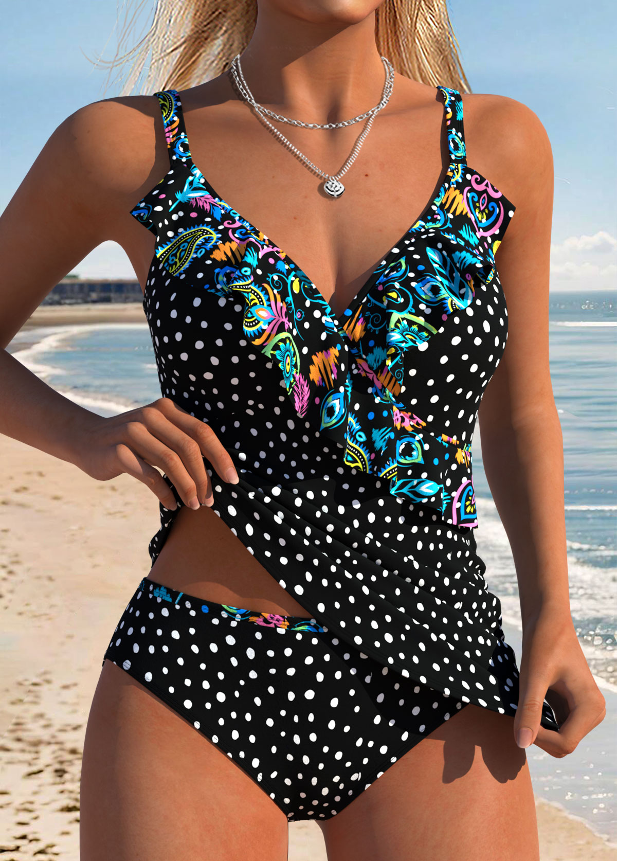 Black Mid Waisted Two-piece Polka Dot Tankini Set | picture 