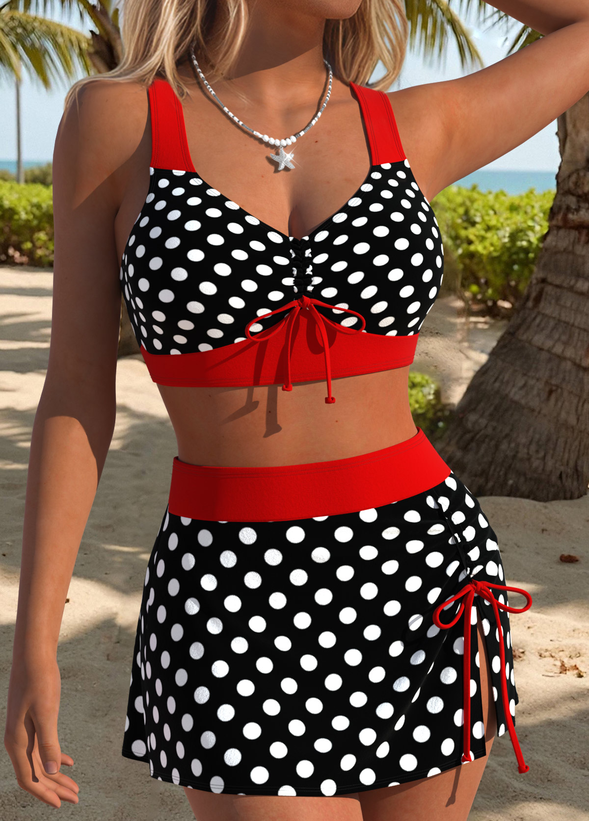 Red Mid Waisted Two-piece Polka Dot Bikini Set | picture 