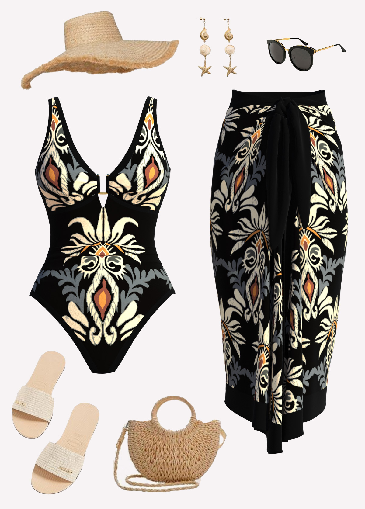 Black Two-piece Tribal Print One Piece Swimwear and Sarong | picture 