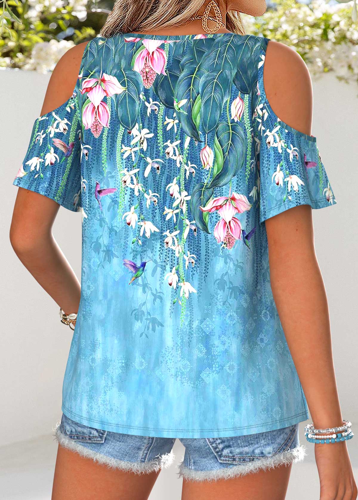 Blue Floral Print Twist Short Sleeve T Shirt | picture 
