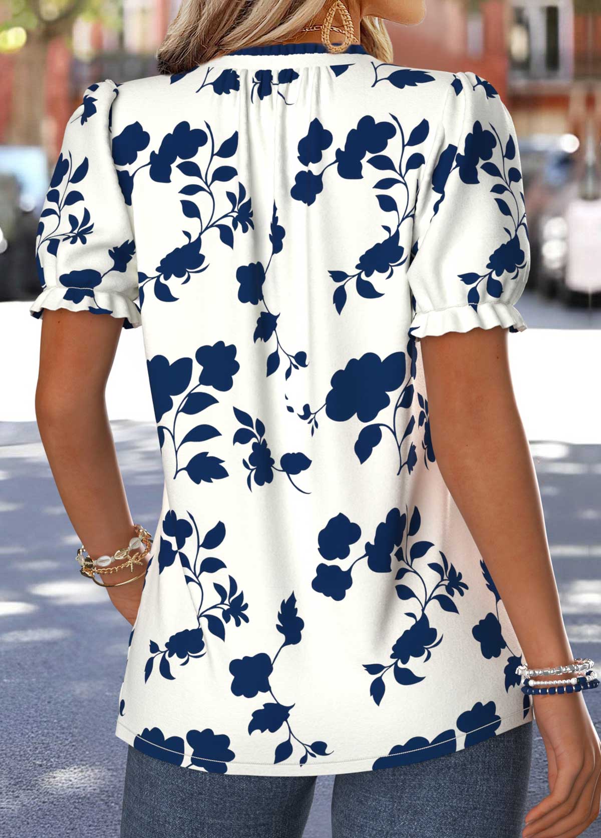 Navy Floral Print Frill Short Sleeve T Shirt | picture 