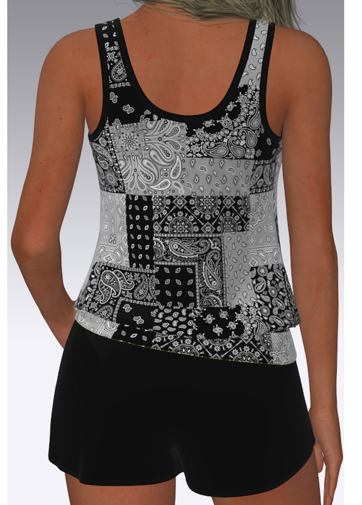 Black Mid Waisted Blouson Paisley Print Tankini Set | picture 