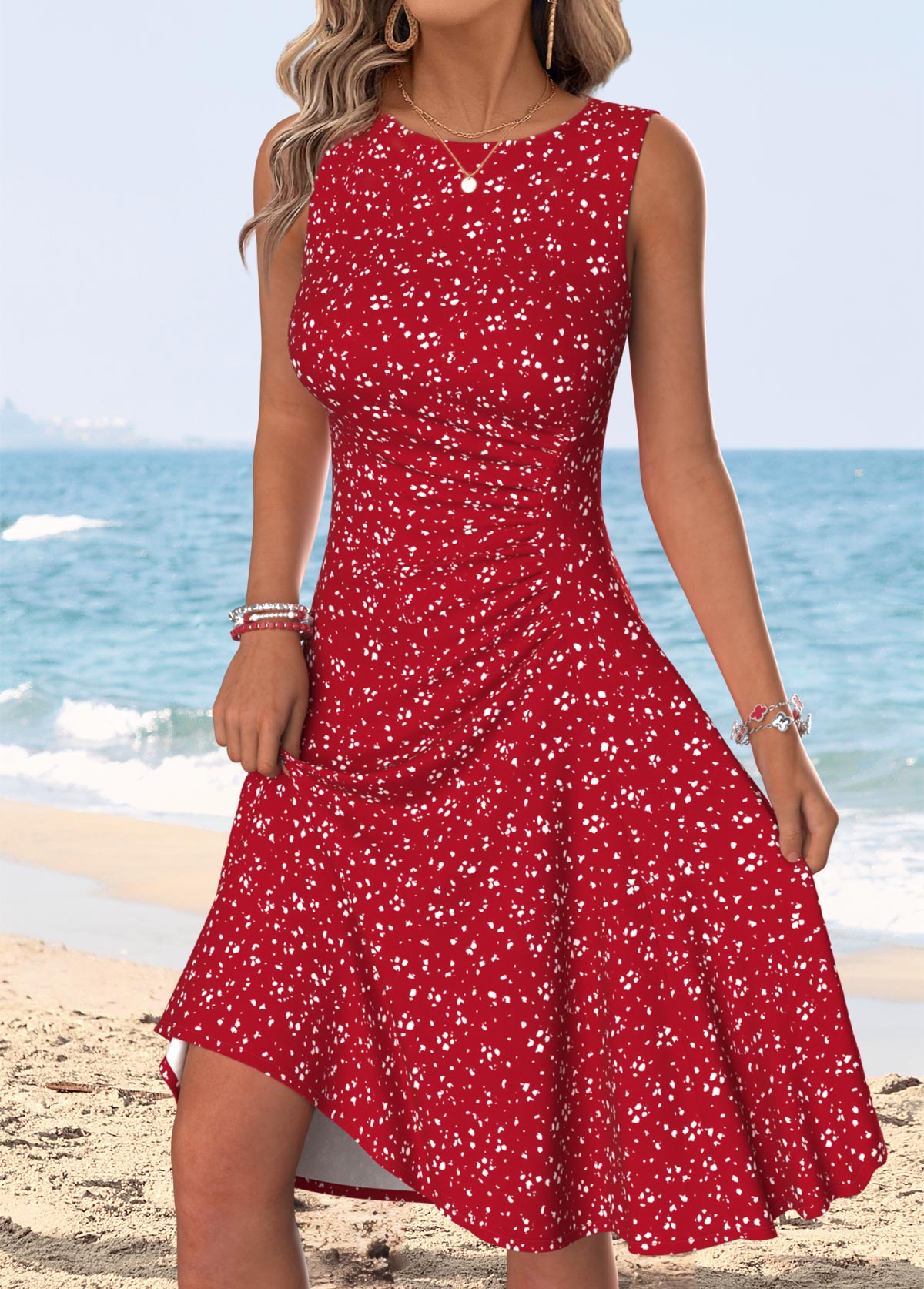 Red Polka Dot Shirred Sleeveless Round Neck Dress | picture 