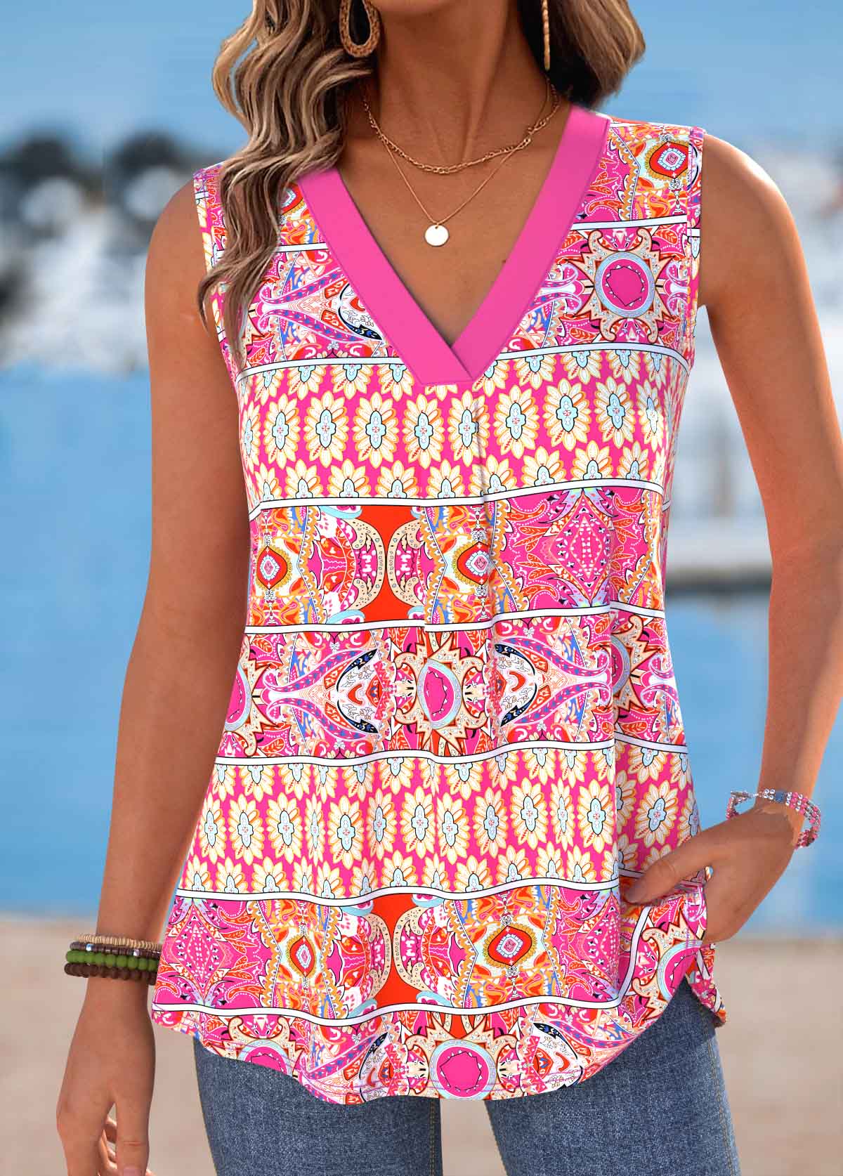 Hot Pink Tribal Print Sleeveless V Neck Tank Top | picture 