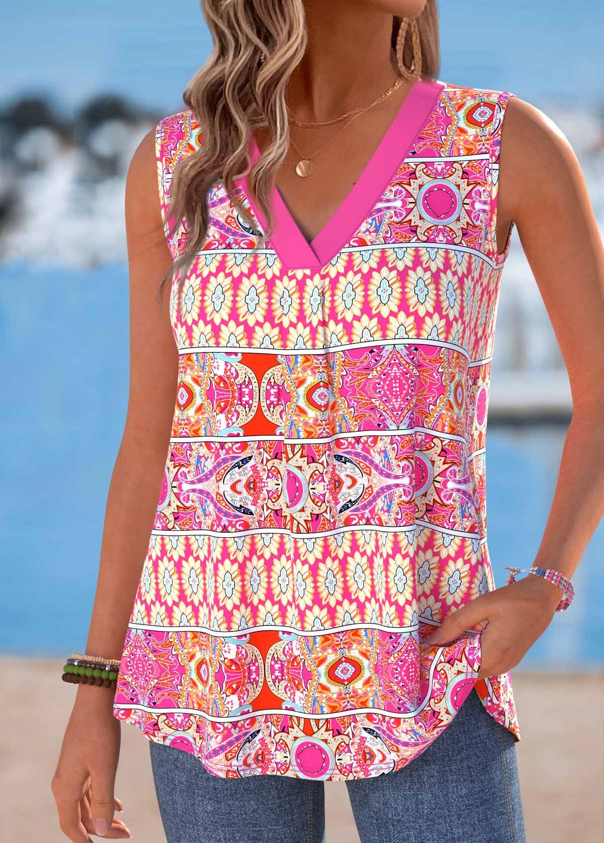Hot Pink Tribal Print Sleeveless V Neck Tank Top | picture 