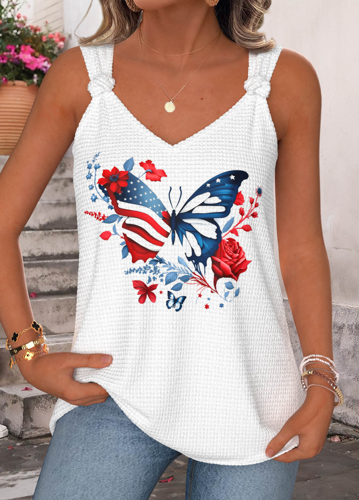 American Flag White Butterfly Print Tie Sleeveless Tank Top | picture 