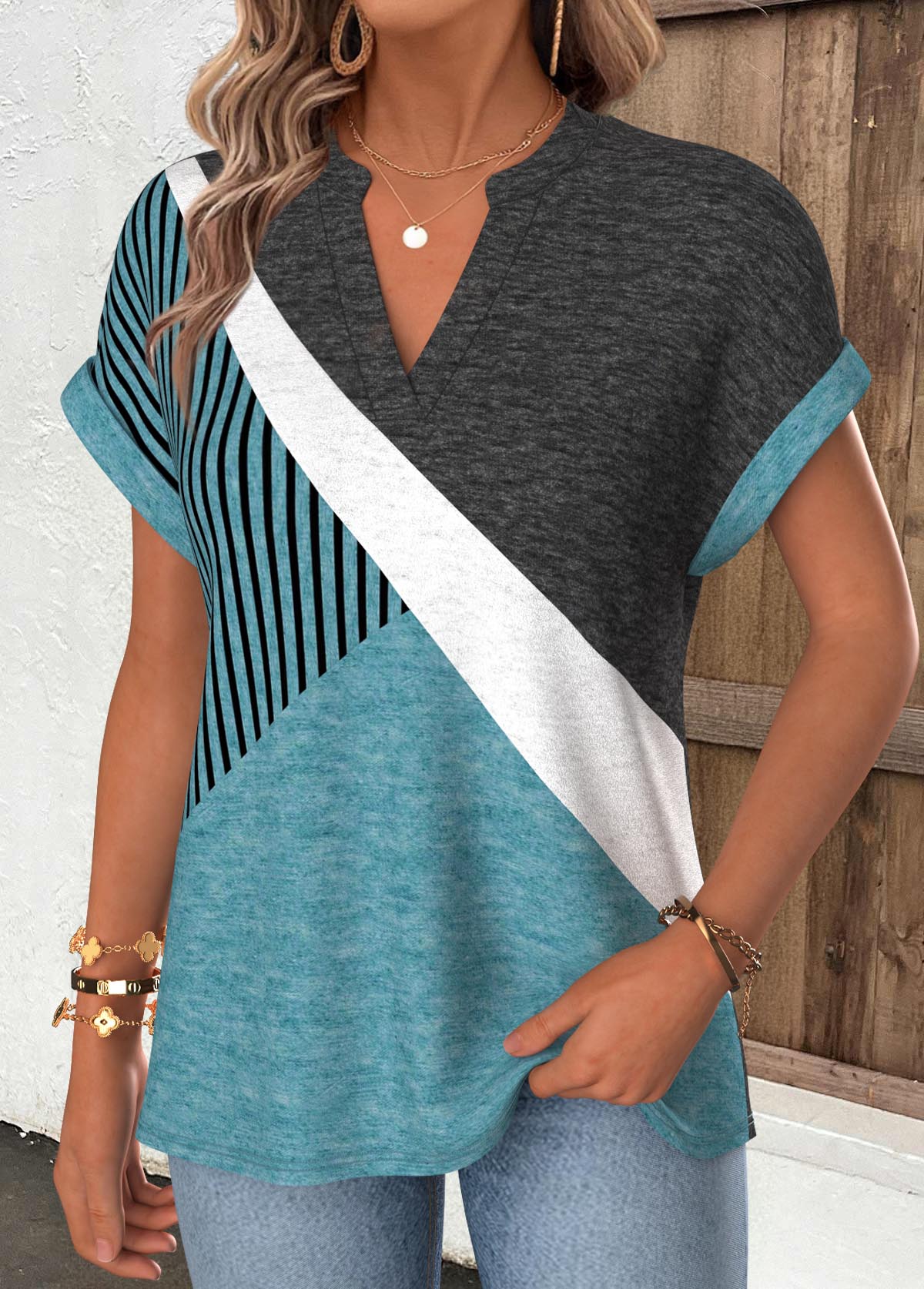 Dusty Blue Geometric Print Tummy Coverage T Shirt | picture 