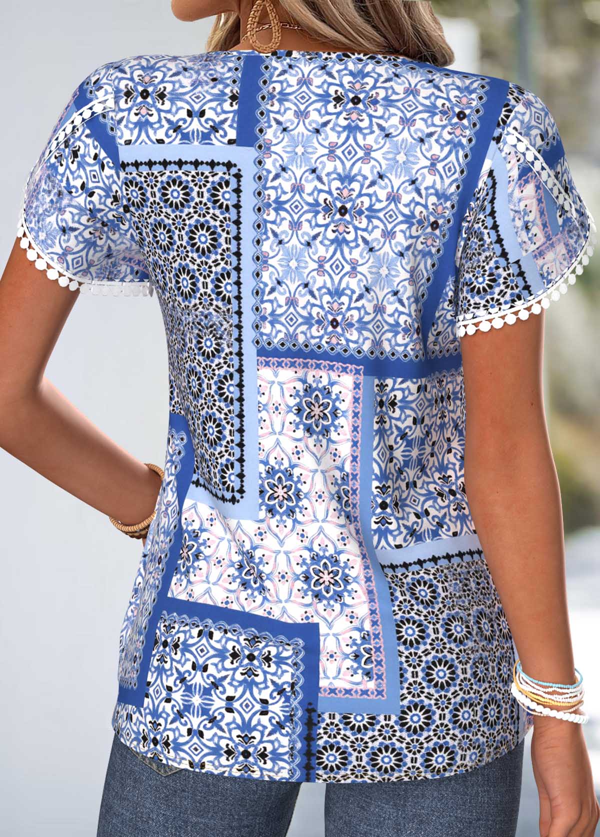 Dark Blue Tribal Print Curved Hem T Shirt | picture 