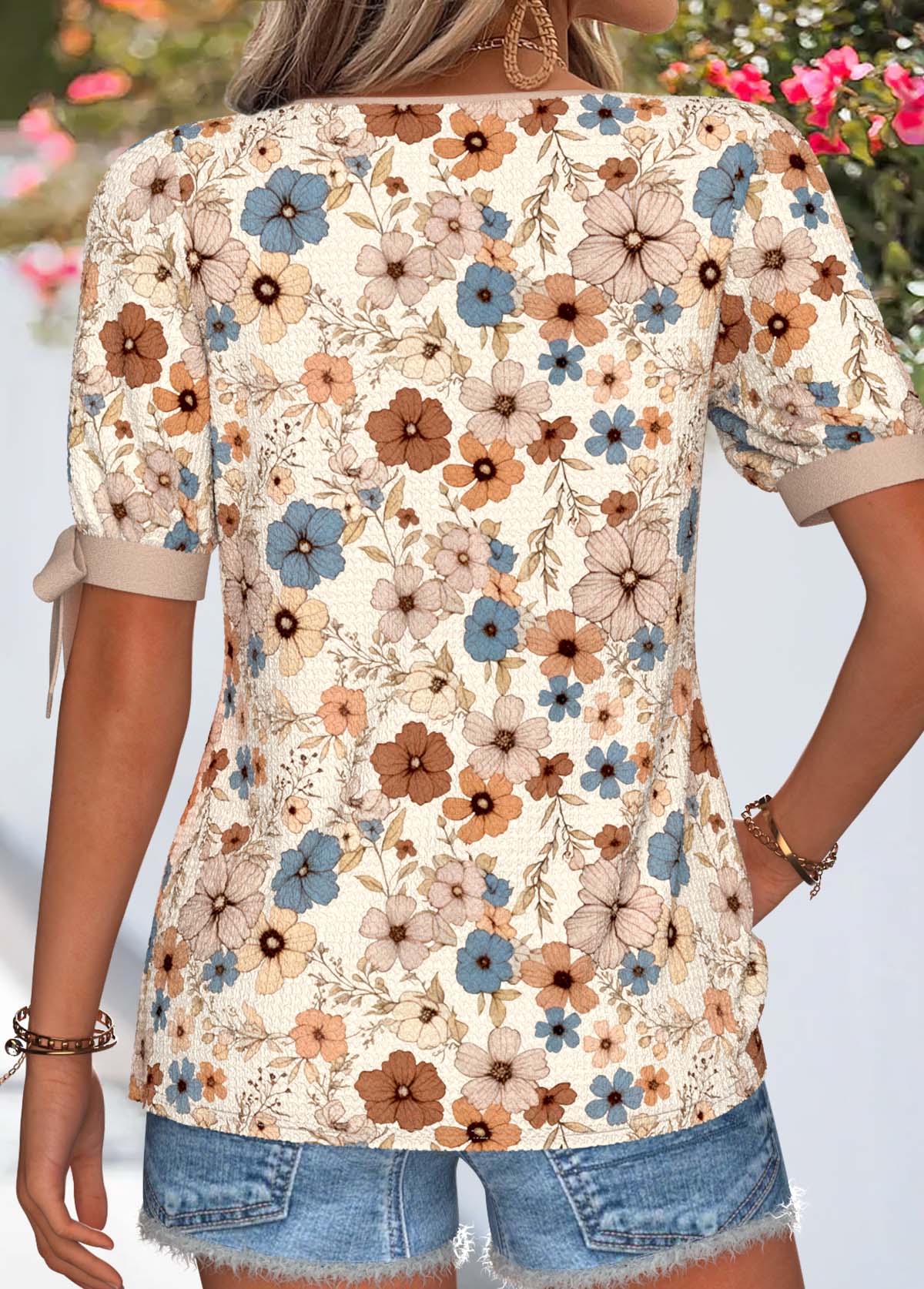 Light Camel Floral Print Patchwork Short Sleeve T Shirt | picture 