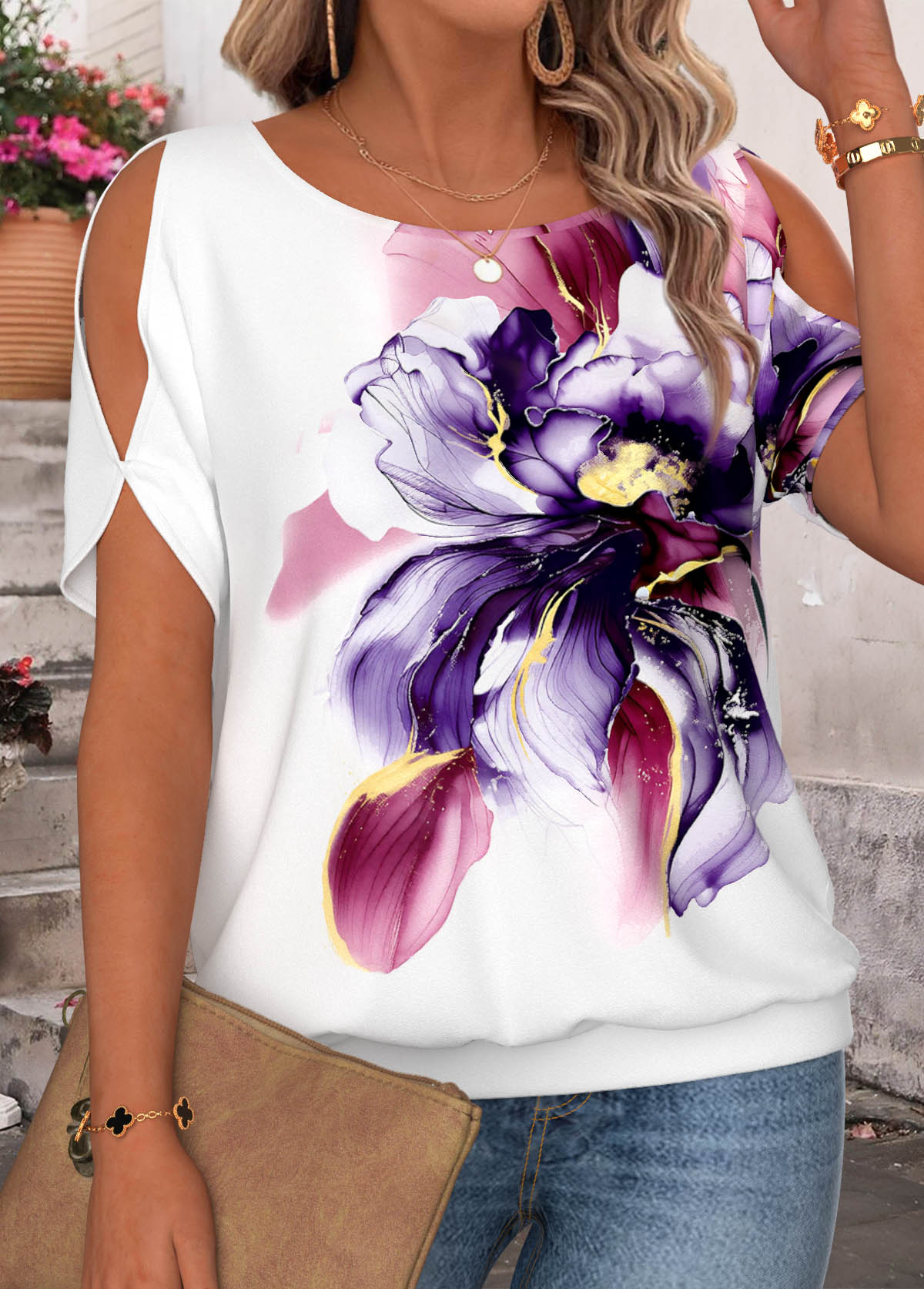 Purple Floral Print Tie Short Sleeve T Shirt | picture 