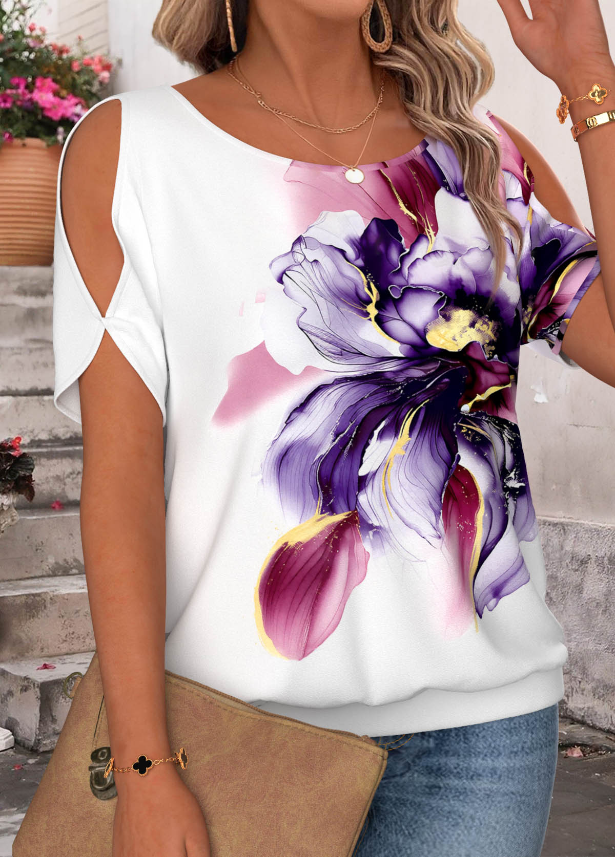 Purple Floral Print Tie Short Sleeve T Shirt | picture 