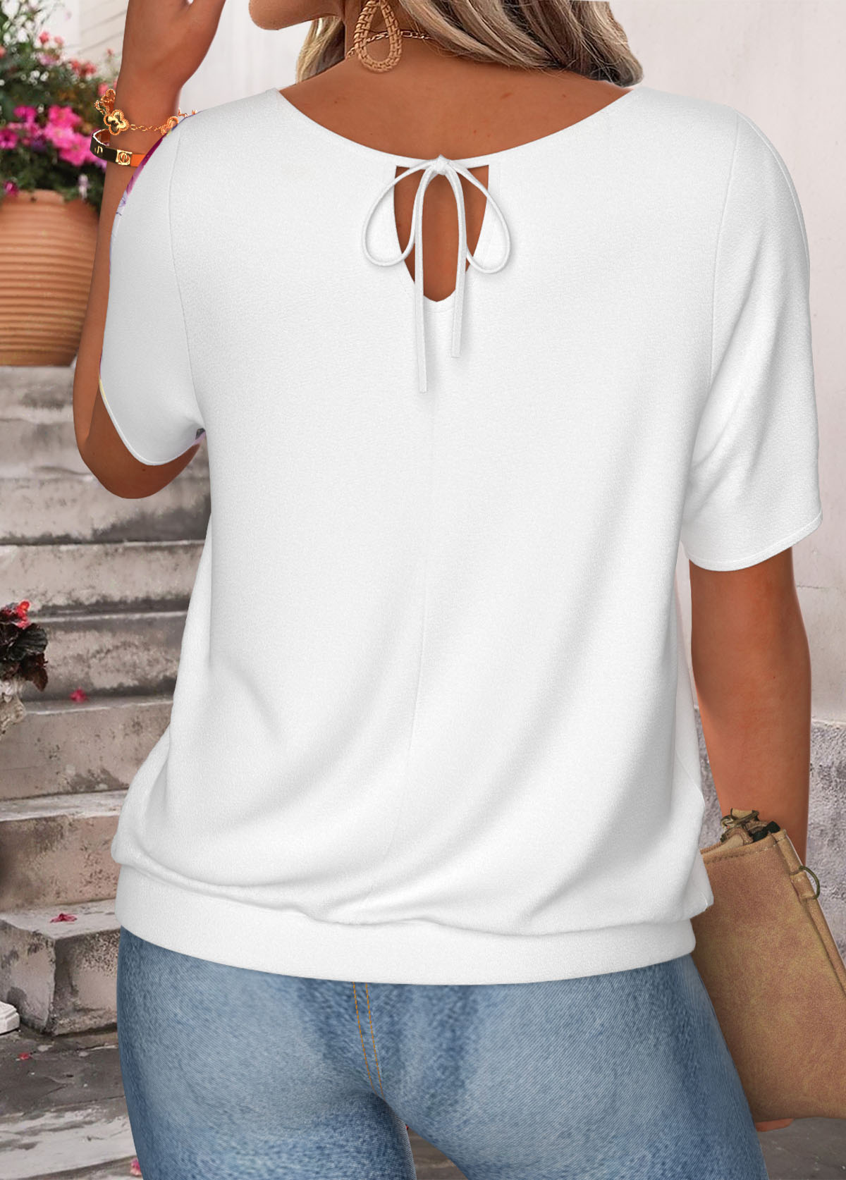 Purple Floral Print Tie Short Sleeve T Shirt | picture 