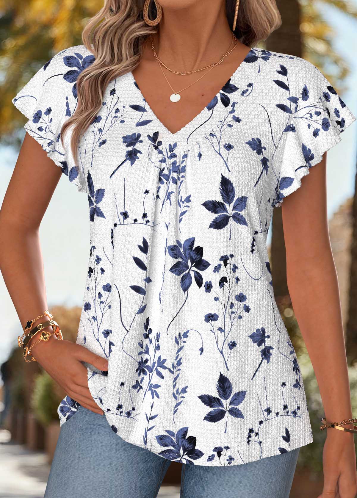 Blue Floral Print Shirred Short Sleeve T Shirt | picture 