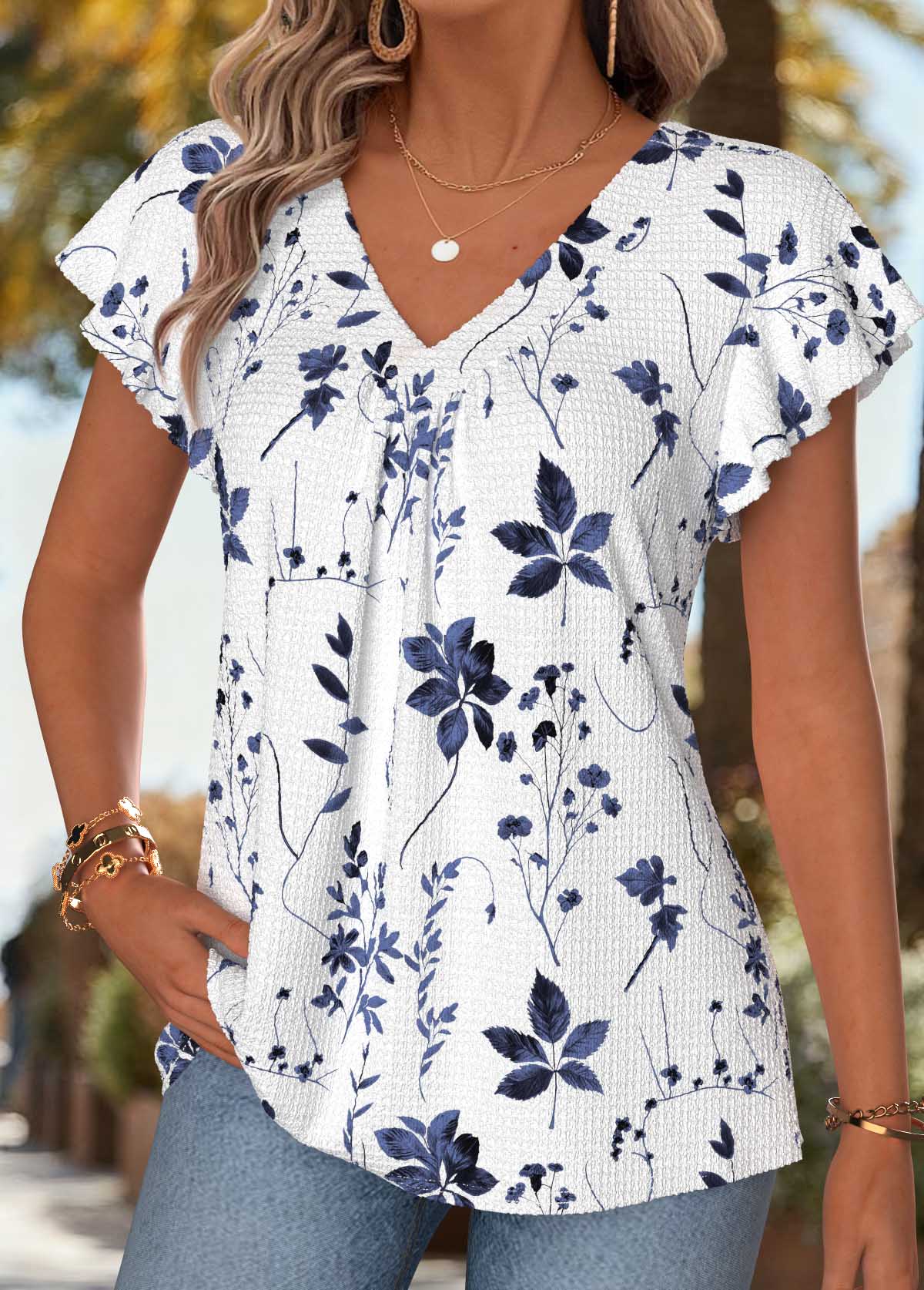 Blue Floral Print Shirred Short Sleeve T Shirt | picture 