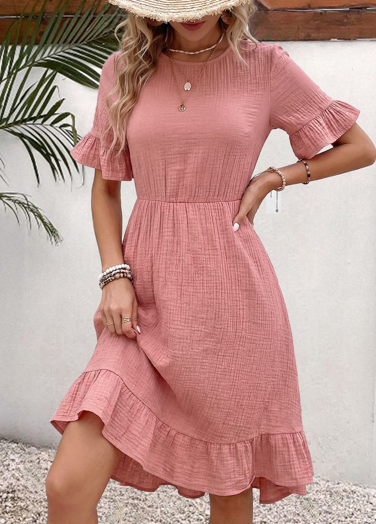 Pink High Low Ruffle Half Sleeve Round Neck Dress | picture 