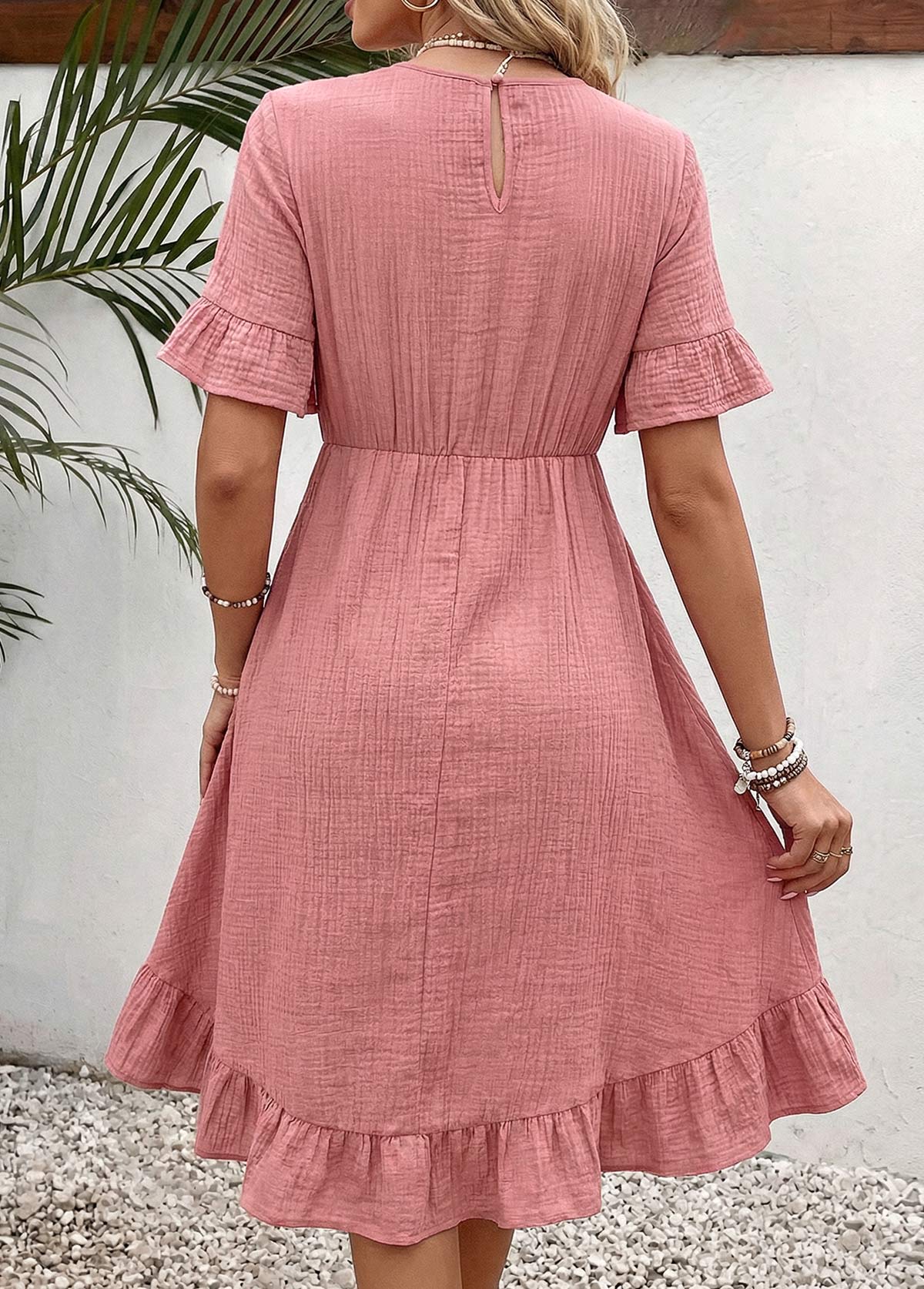 Pink High Low Ruffle Half Sleeve Round Neck Dress | picture 