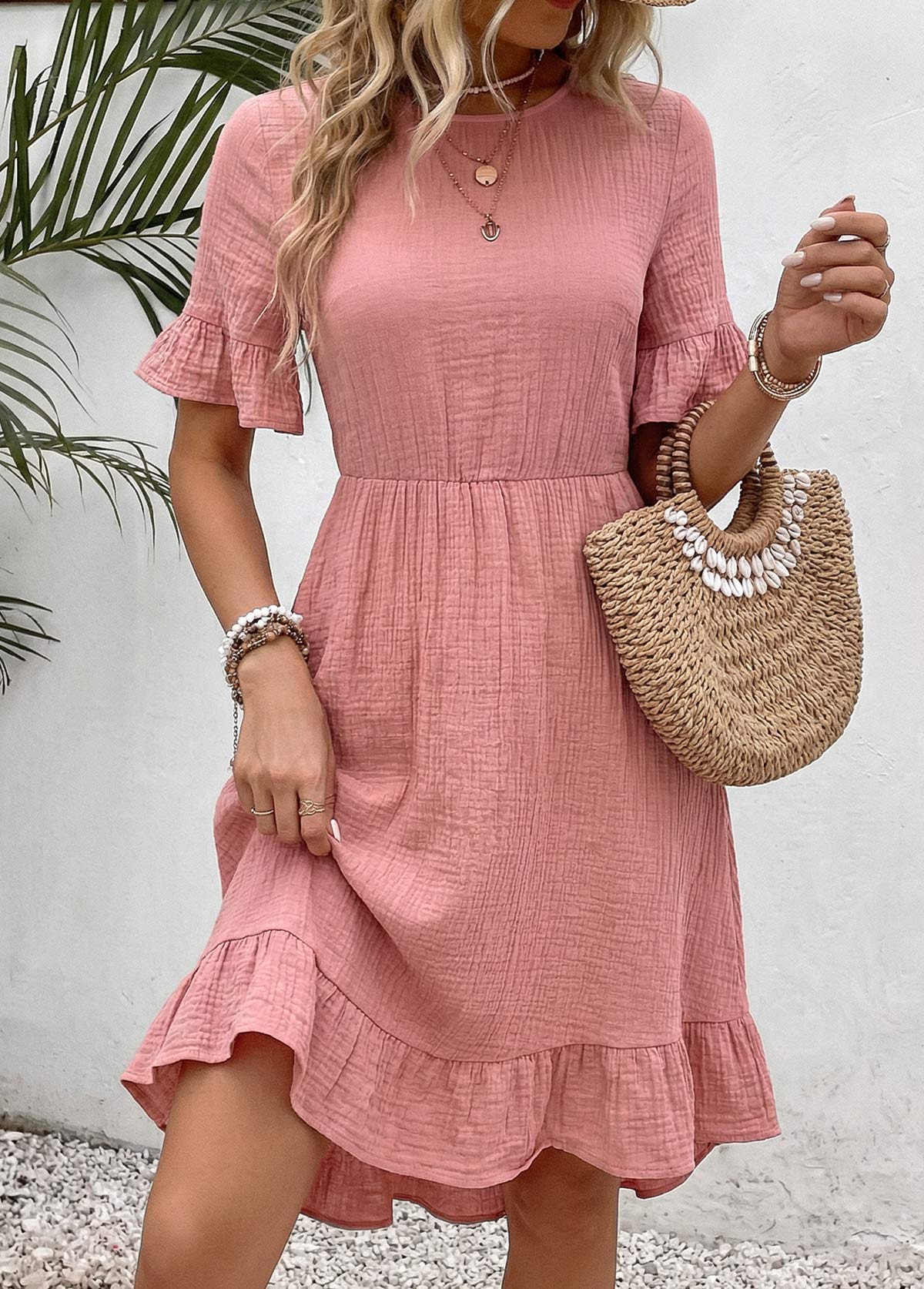 Pink High Low Ruffle Half Sleeve Round Neck Dress | picture 