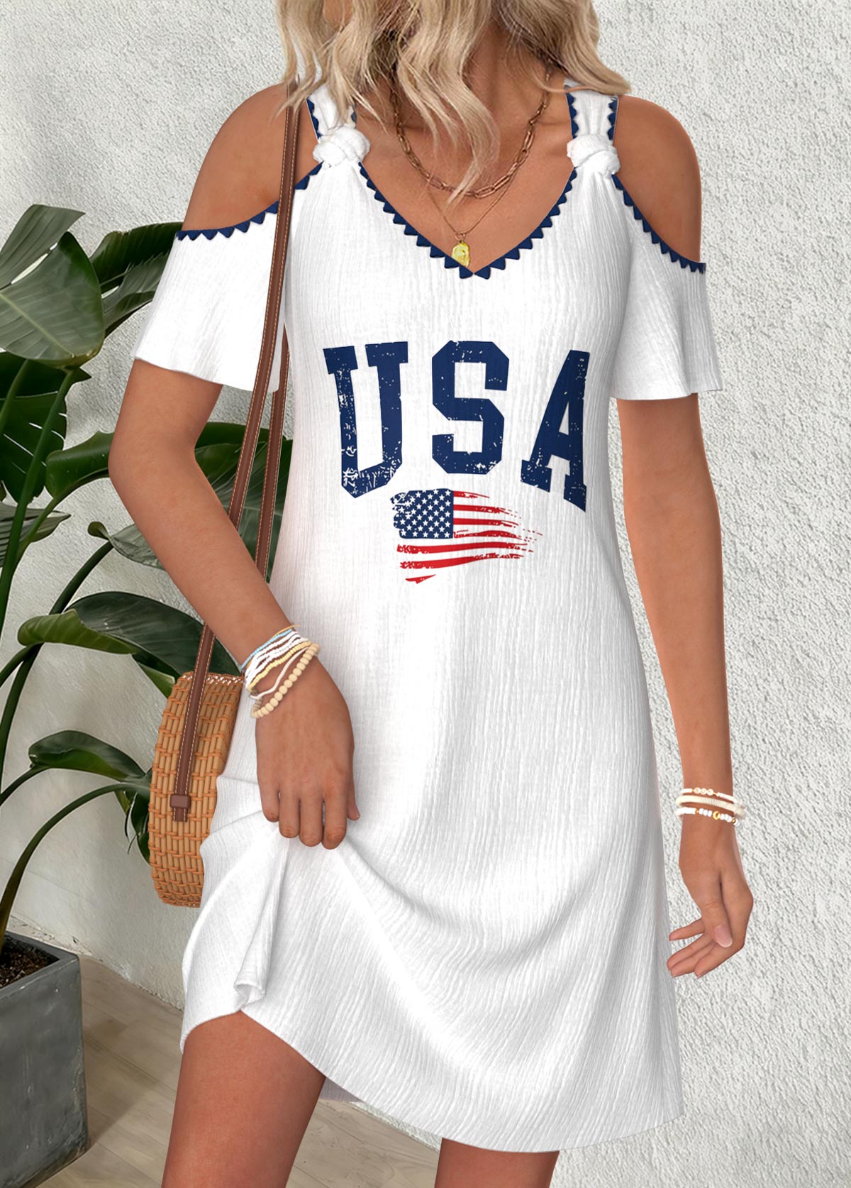 American Flag Raw White Short V Neck Dress | picture 