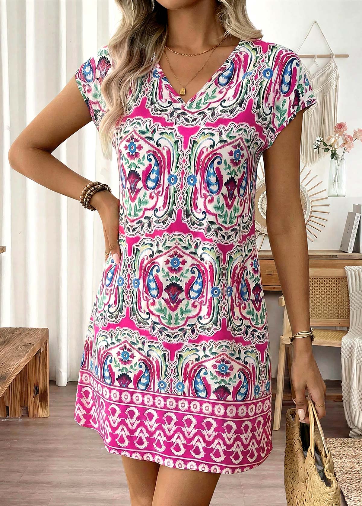 Hot Pink Tribal Print Short V Neck Dress | picture 