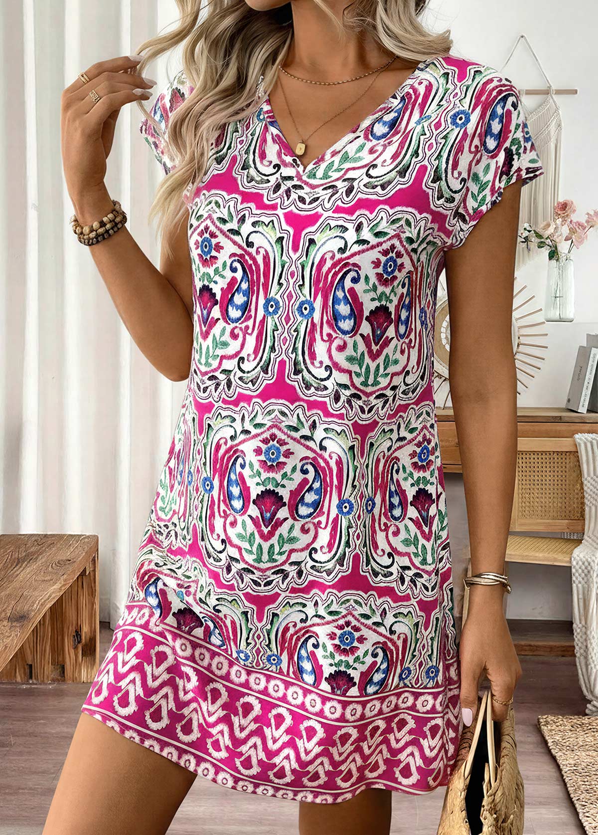 Hot Pink Tribal Print Short V Neck Dress | picture 