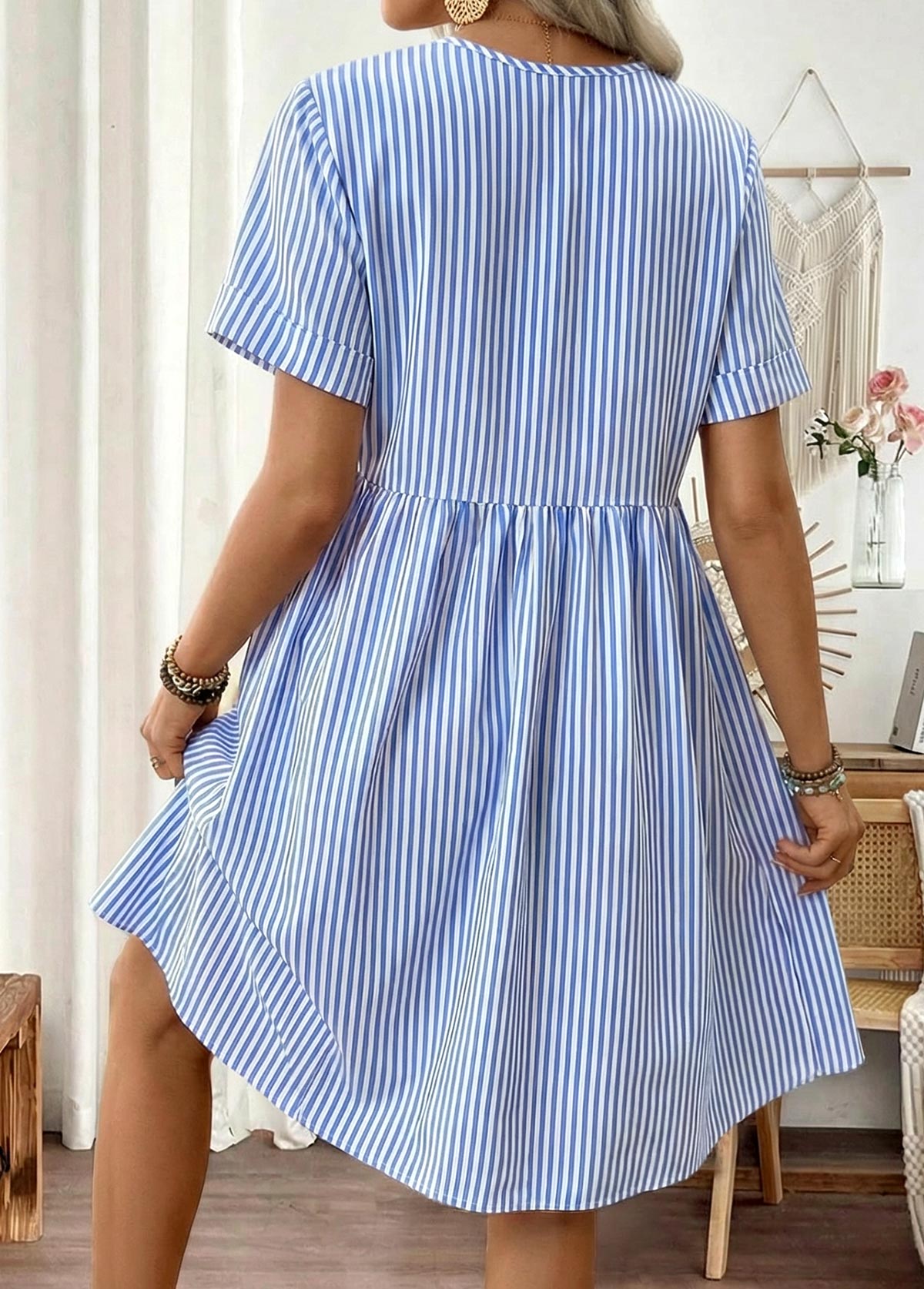 Blue Striped Short V Neck Dress | picture 