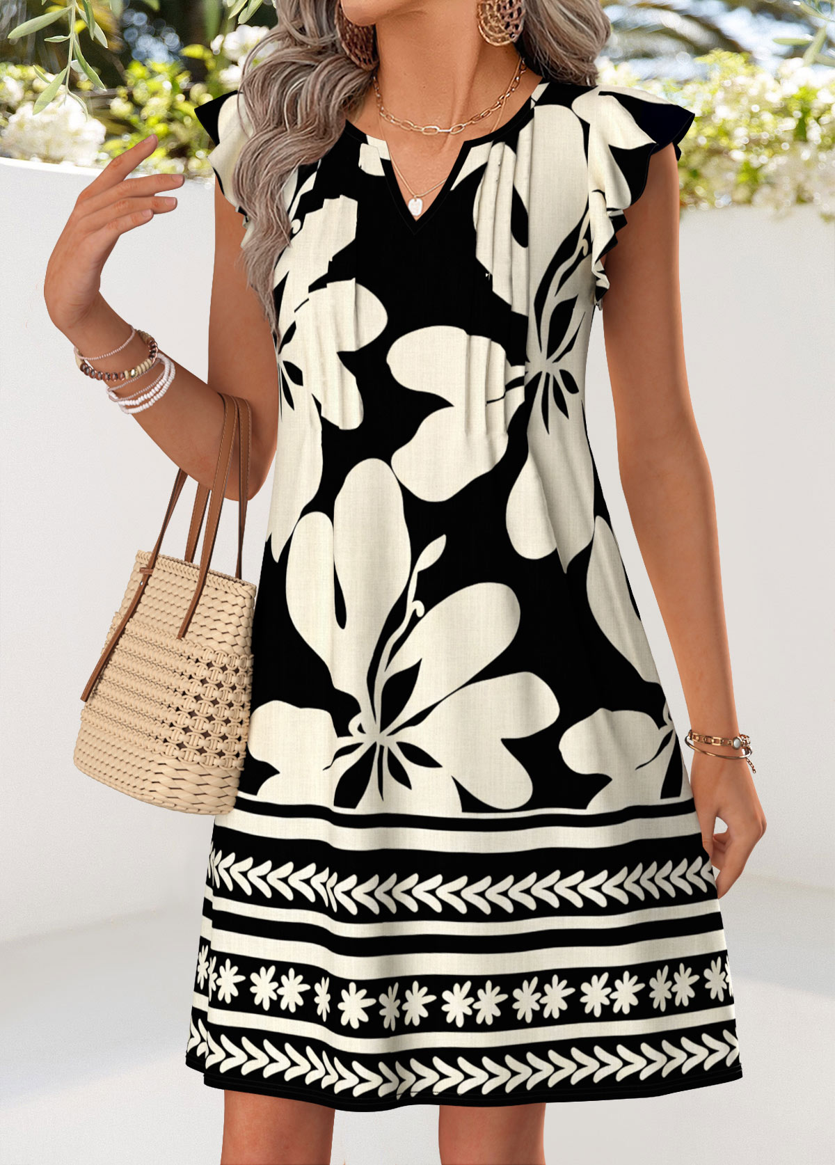 Black Floral Print Short Tuck Stitch Sleeveless Dress | picture 